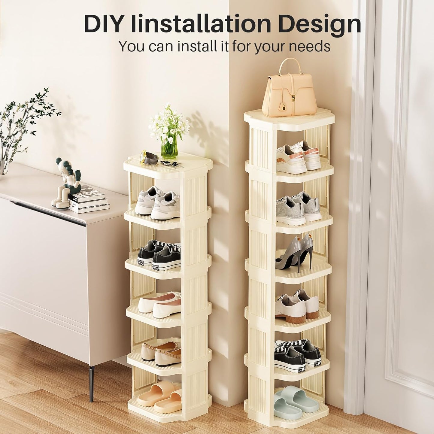 Kitstorack 10 Tiers Stackable Shoe Rack for Closet and Front Door Entrance - Free Standing Plastic Stand, Narrow Tall Vertical Organizer for Small Spaces Storage, White