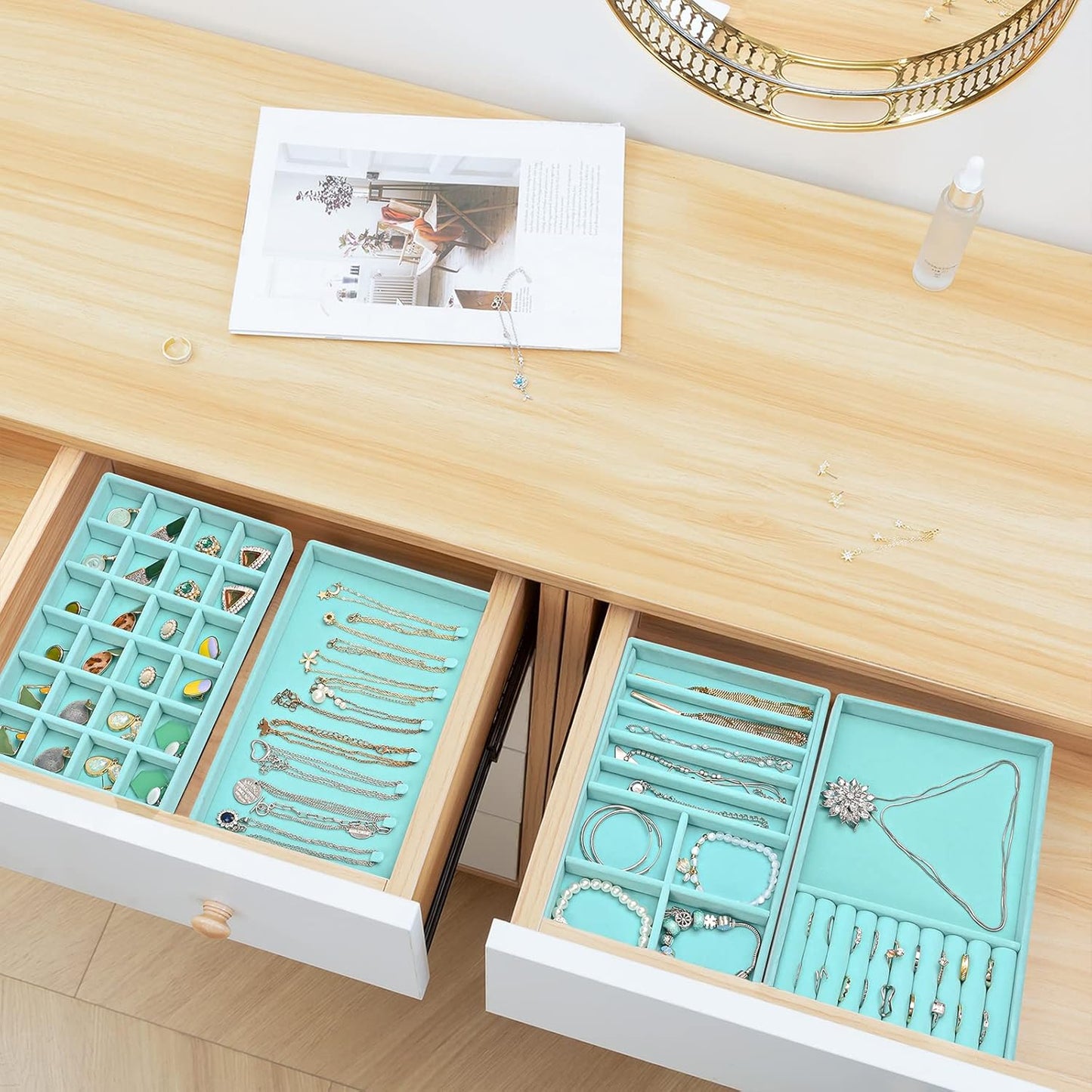 ProCase Stackable Jewelry Organizer Trays for Drawers, Jewelry Drawer Inserts Container Display Case Storage for Earring Necklace Rings Bracelet with Removable Dividers -Blue, 4 Layers