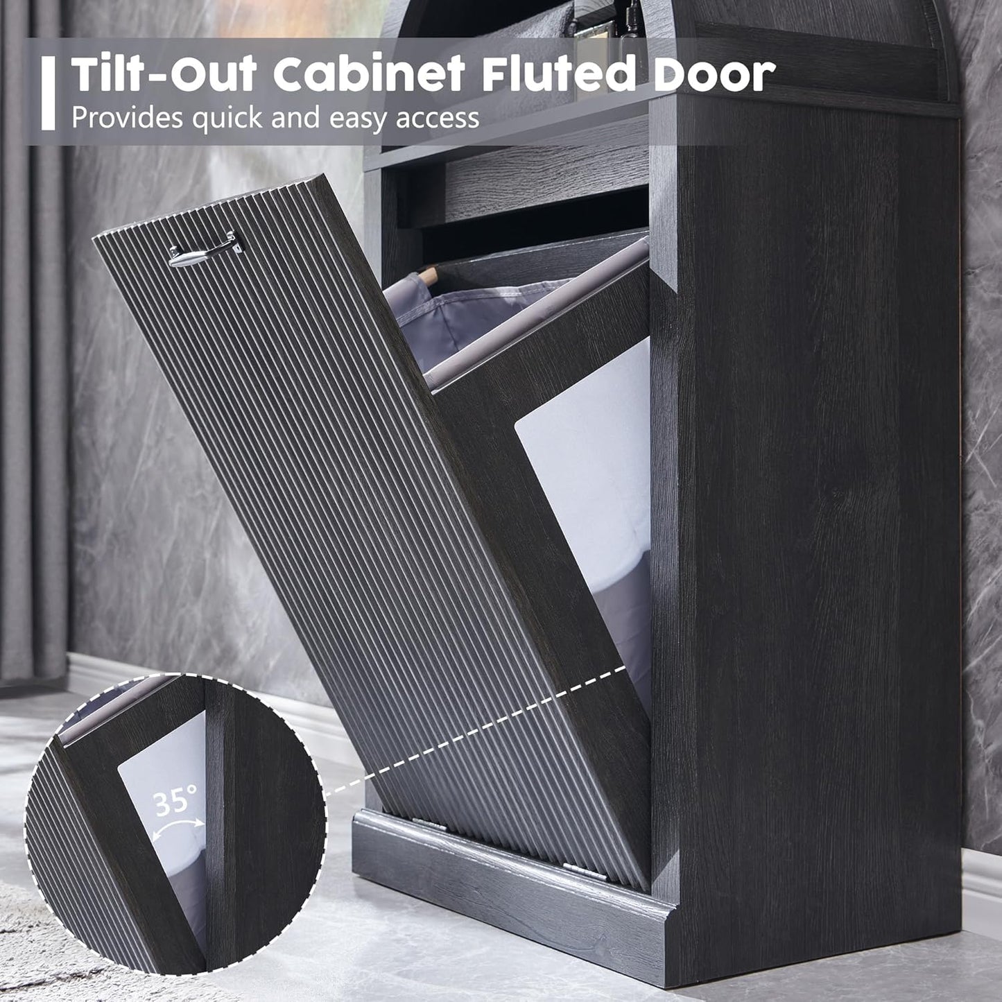 Arched Tilt-Out Trash Can Cabinet, Fluted 10 Gallon Trash Can Cabinet Set of 2, Modern Laundry Hamper Cabinet, Hidden Garbage Can with Storage Basket for Kitchen, Living Room, Dark Grey
