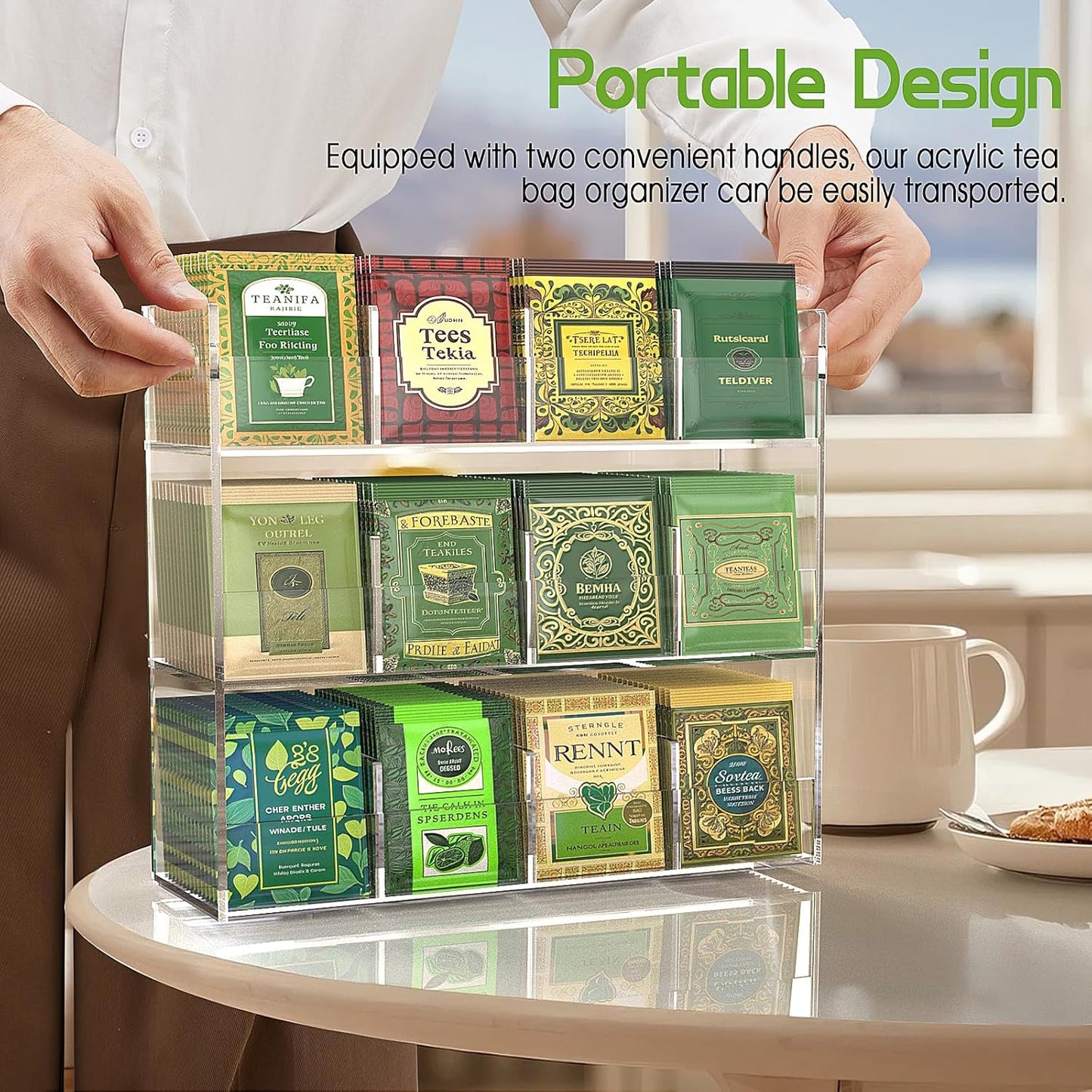 Jumyee 3-Tier Acrylic Tea Bag Organizer & Storage Box, 12 Compartment Portable Teabags Organizer for Cabinet Countertop, Coffee & Tea Station Organizer for Home Office