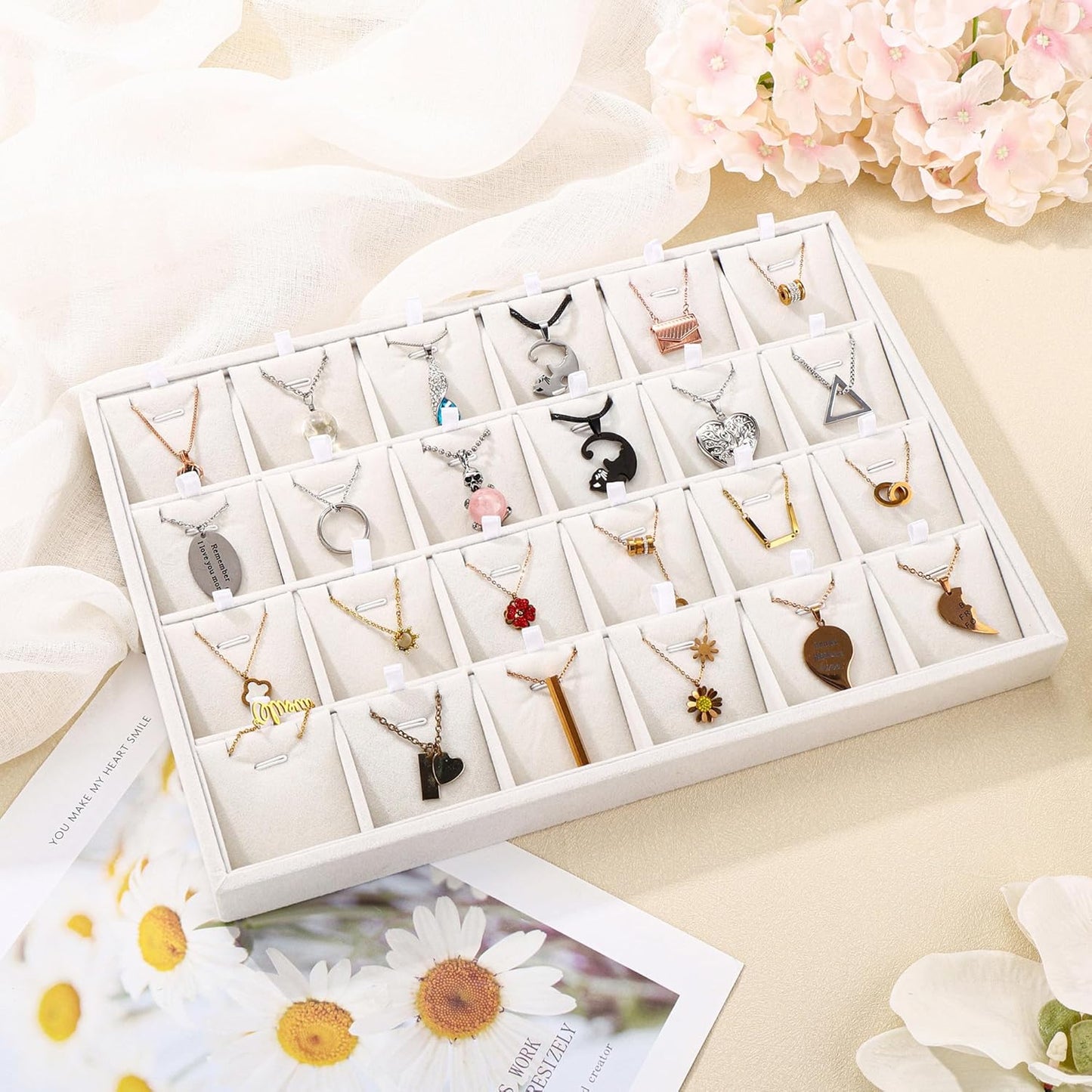 Mornajina 24 Grids Stackable Jewelry Tray Organizer with Removable Dividers, Velvet Jewelry Display Tray for Earrings Necklaces Bracelet Rings Display Showcase - Beige