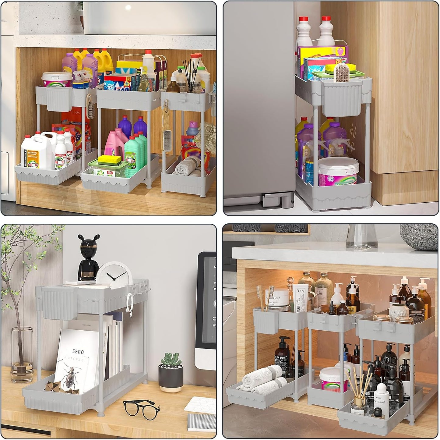 3 Pack Under Sink Organizers, 2-Tier Multi-Use Kitchen and Bathroom Organizers and Storage with Sliding Drawers,Bathroom Cabinet Organizer (Gray, 12.8 Inch)