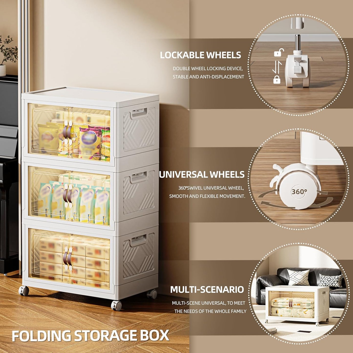 252 QT / 63 Gal Magnetic Door Storage Bins Collapsible Stackable w/1 Lid, Heavy Duty Plastic Cabinet with Wheels for Home Office Organization (White)