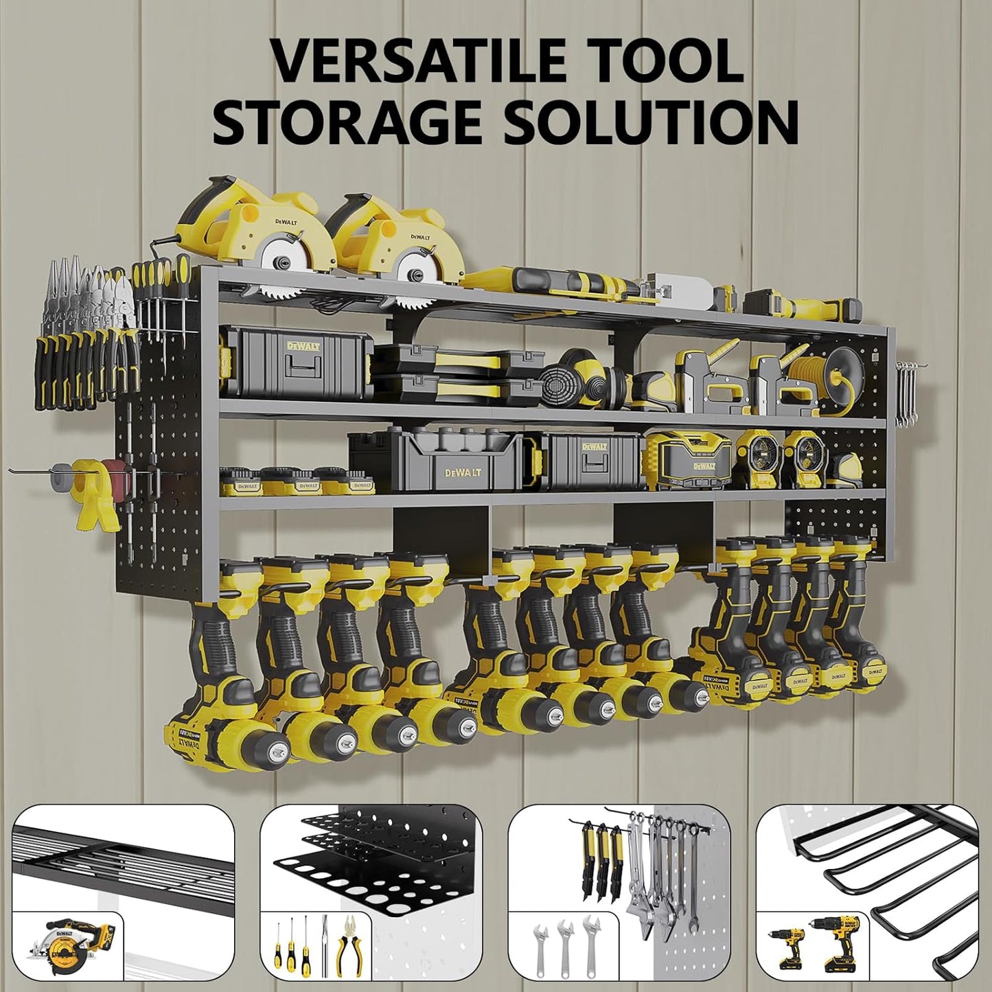 49" W Large Power Tool Organizer Wall Mount, 4 Layer Heavy Duty Metal Tool Storage Rack with 12 Drills Holder, Utility Racks for Garage Workshop, Ideal Garage Organization