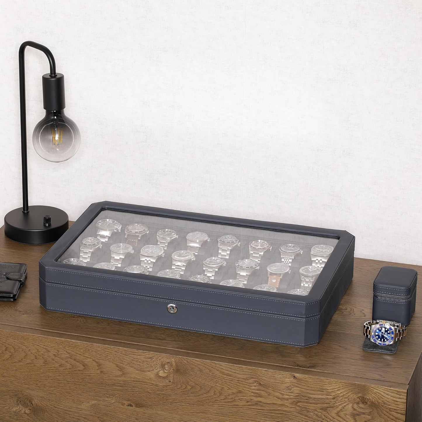 ROTHWELL 24 Slot Watch Case with Lock – Luxury Watch Box to Display and Organize Your Collection | Real Glass Top | Premium Storage for Collectors (Carbon)