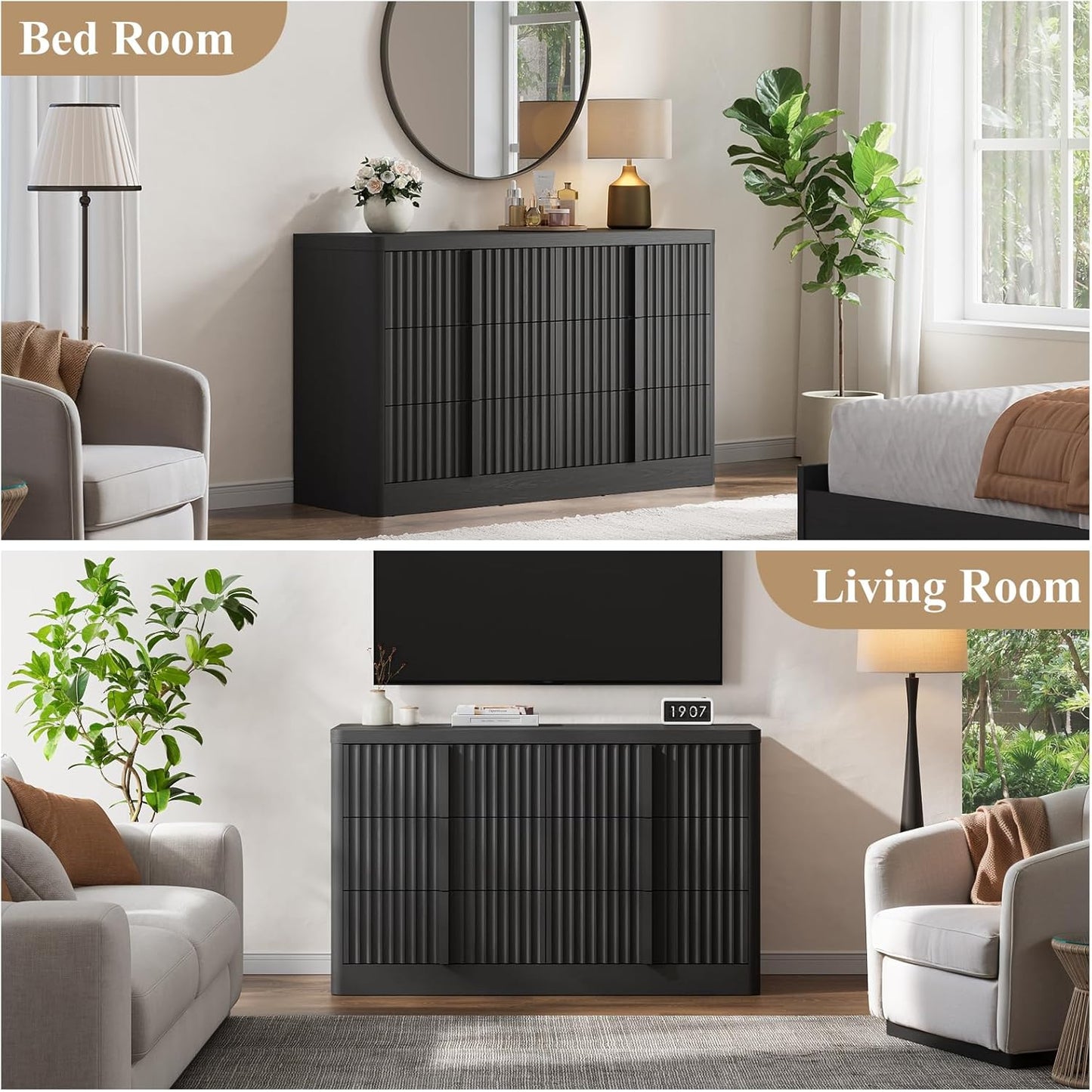 Fluted Dresser for Bedroom, 47" Wide 6 Drawer Dresser, Modern Chest of Drawers with Solid Wood Handle, Curved Profile Design, Wood Dressers Storage Organizer, Living Room, Hallway, Black