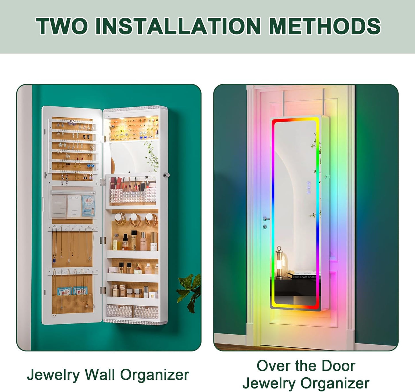 HNEBC LED Mirror Jewelry Cabinet with RGB Lights,47.2" Wall Mounted Jewelry Organizer with Full-Length Mirror,Over The Door Hanging Jewelry Armoire Storage Cabinet,Folding Dresser,2 Drawers,Lockable