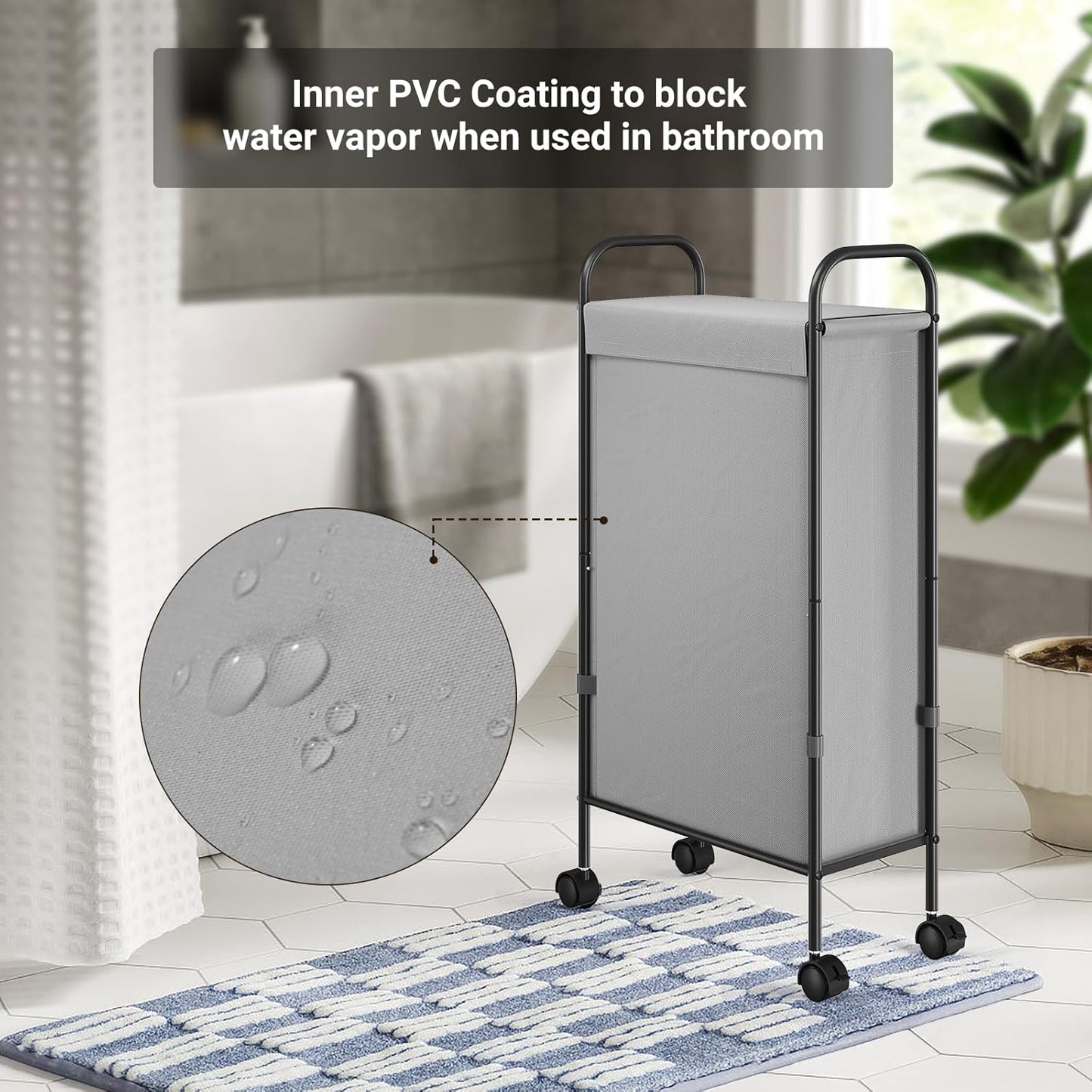 ELYKEN Slim Laundry Hamper with Lid, 50L Small Rolling Laundry Basket on Wheels, 7.9” Narrow Dirty Cloth Cart with Removable Inner Bag for Small Bathroom, Bedroom, Grey