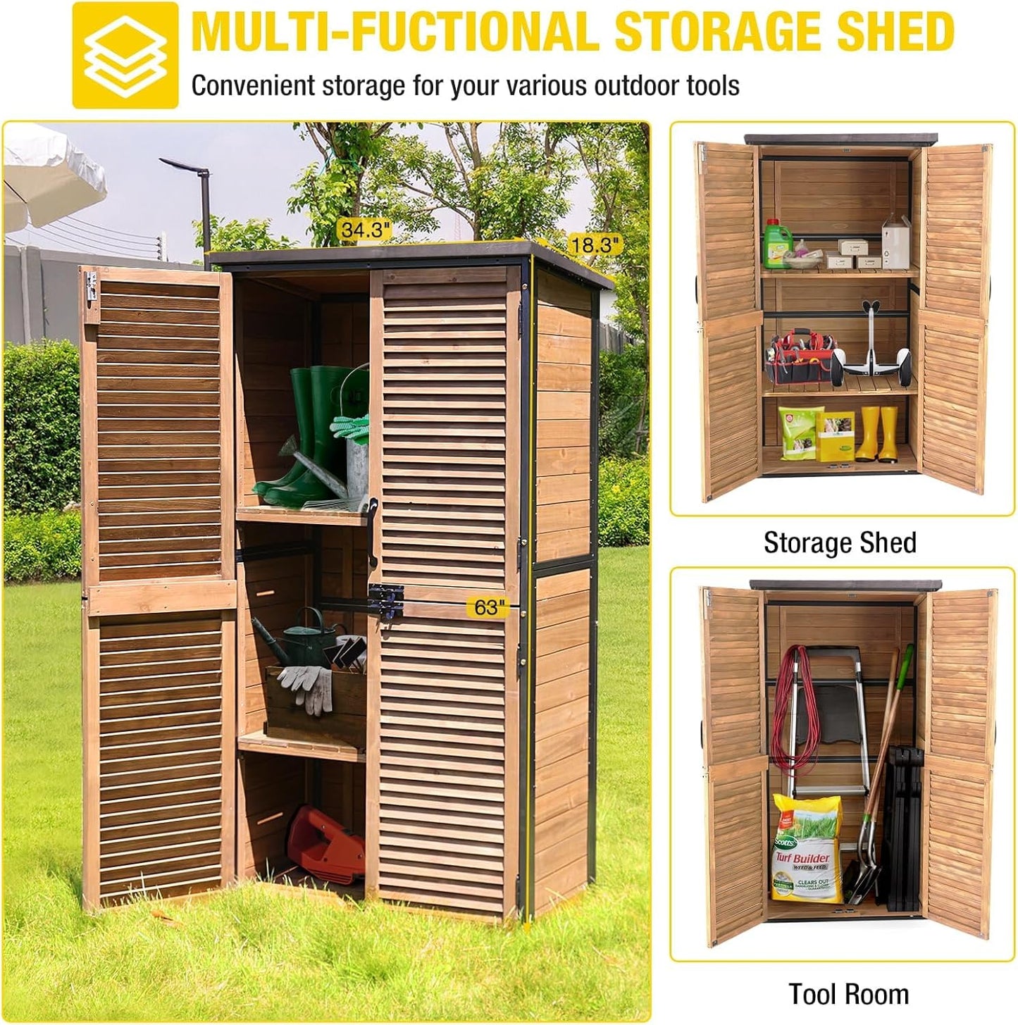 Aivituvin Outdoor Storage Shed with Adjustable Shelves and Floor, Garden Sheds with Iron Frame and Wooden Frame, Outdoor Tool Cabinets with Inclined Weatherproof Roof