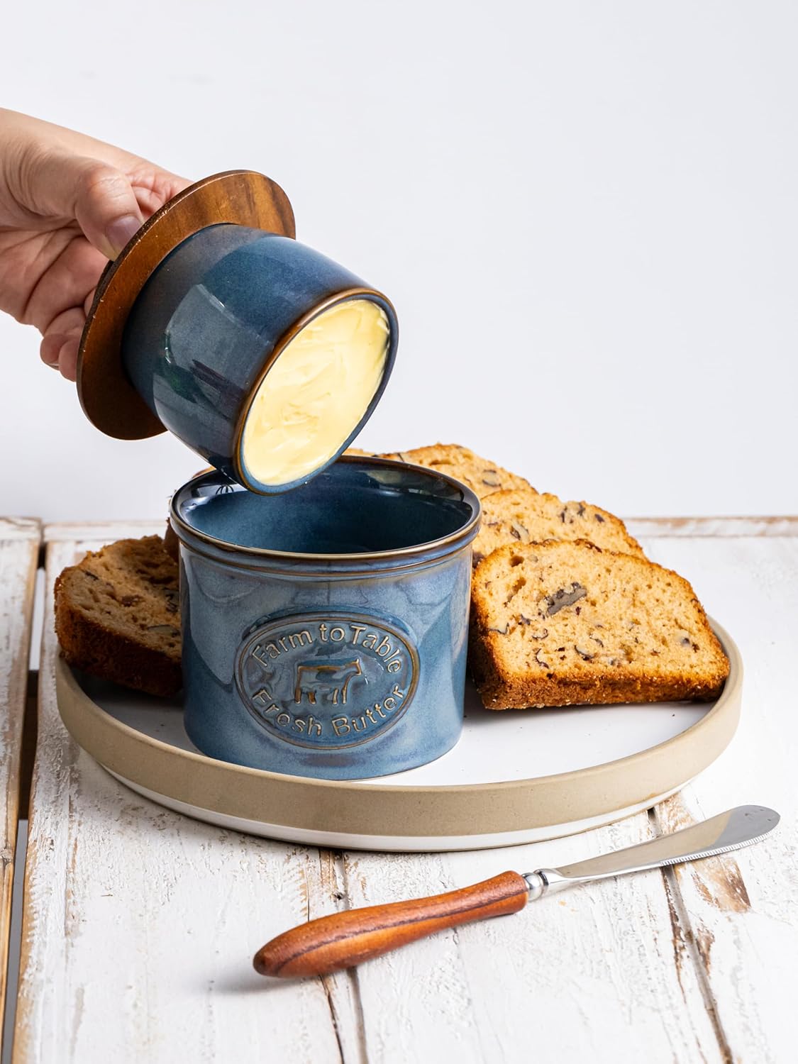 Ceramic Butter Dish with Lid, Butter Crock for Countertop, French Butter Keeper, Farmhouse Cow Pattern, Blue