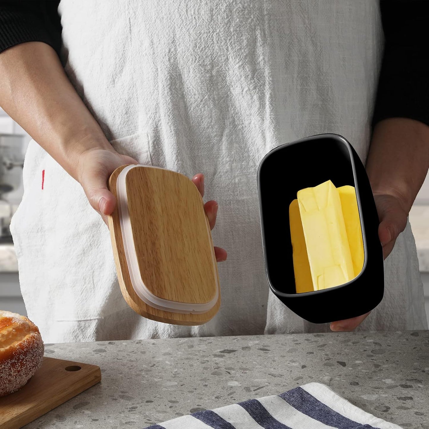 GDCZ Ceramics Butter Dish with Wooden Lid- Large Covered Butter Holder for Countertop, Butter Keeper Container Perfect for Holds 2X 4oz West/East Coast Butter (Black, 6.5 x 4.2x 3.9)