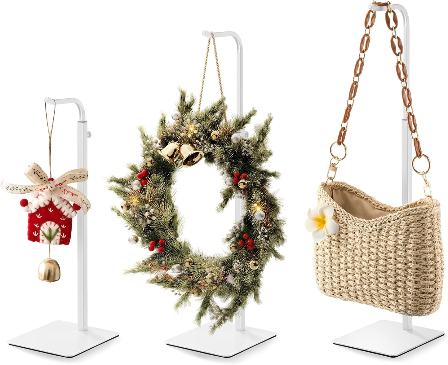 pickpiff 3 Pack Purse Holder Handbag Display Stand: White Hanger Rack for Bags, Purses, and Wreath, Adjustable Hook Stand for Tabletop, Closet, and Retail Use for Vendors
