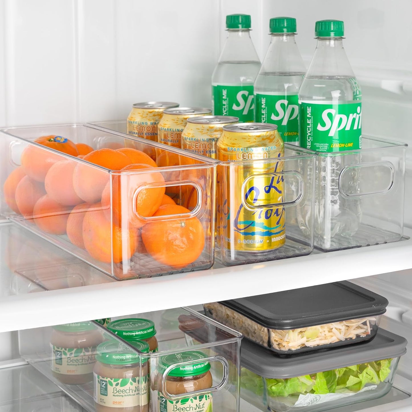 primebox Plastic Food Storage 2 Pack Clear Container Bin with Handles for Organizing Kitchen, Pantry, Refrigerator, Freezer, Pantry, Cabinet, Closet, Bathroom. 14”X4”x4”