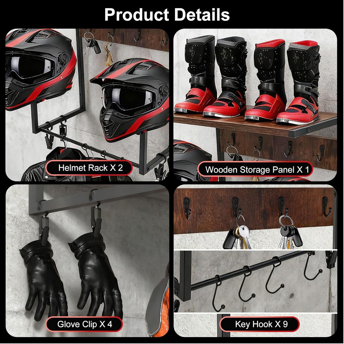 Motorcycle Helmet Wall Mount Rack, Heavy-Duty Helmet Holder with Storage Shelf for Moto Gear Accessories Organization, 2 Helmet Stands, 4 Clips, 9 Hooks for Hanging Gloves, Keys, Jackets