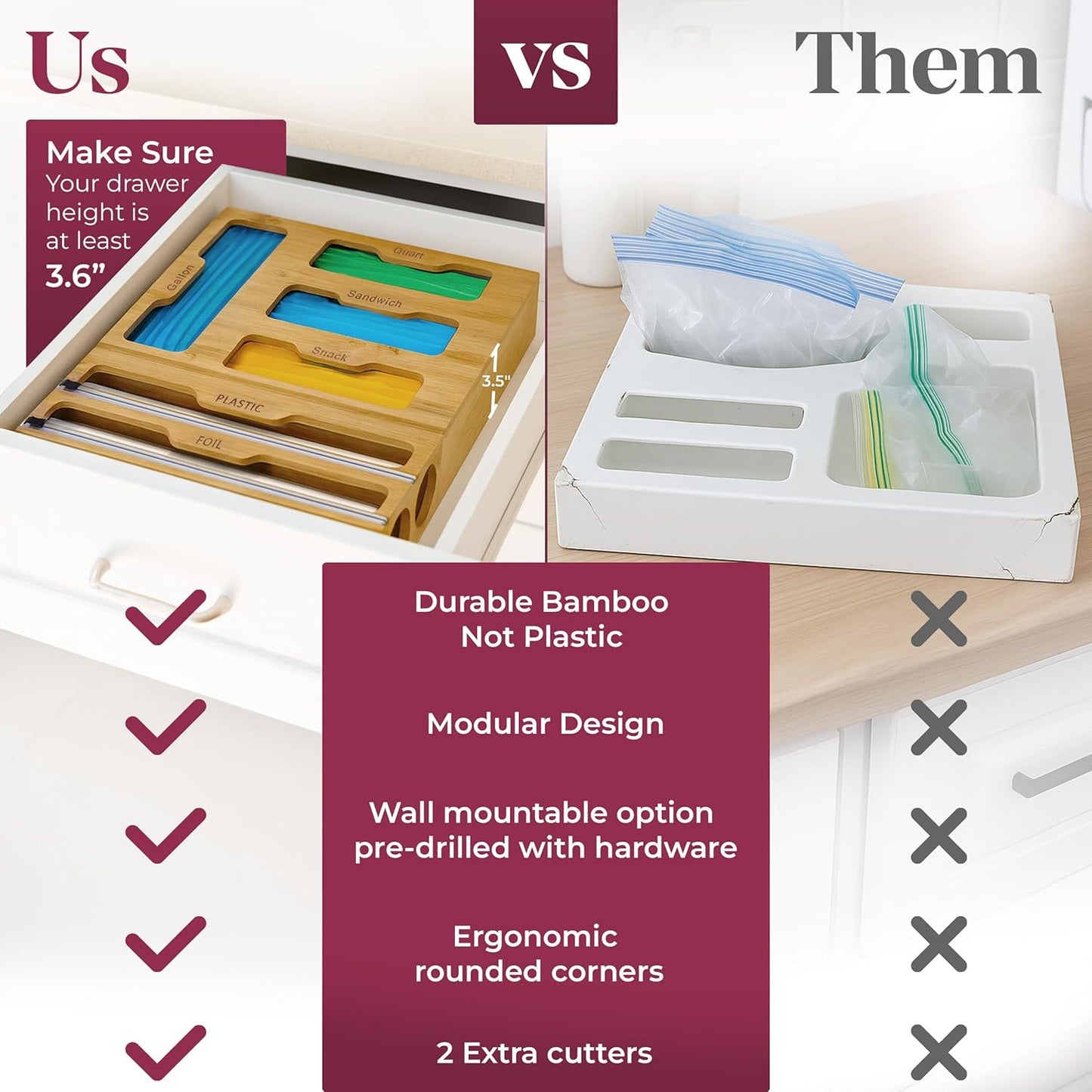 Bamboo Kitchen Storage Bag Organizer, Drawer Organizer with Foil Dispenser, Bamboo Organizer for Sandwich Bags, Plastic Wrap, Baggie and Foil, Premium Kitchen Drawer Organizer