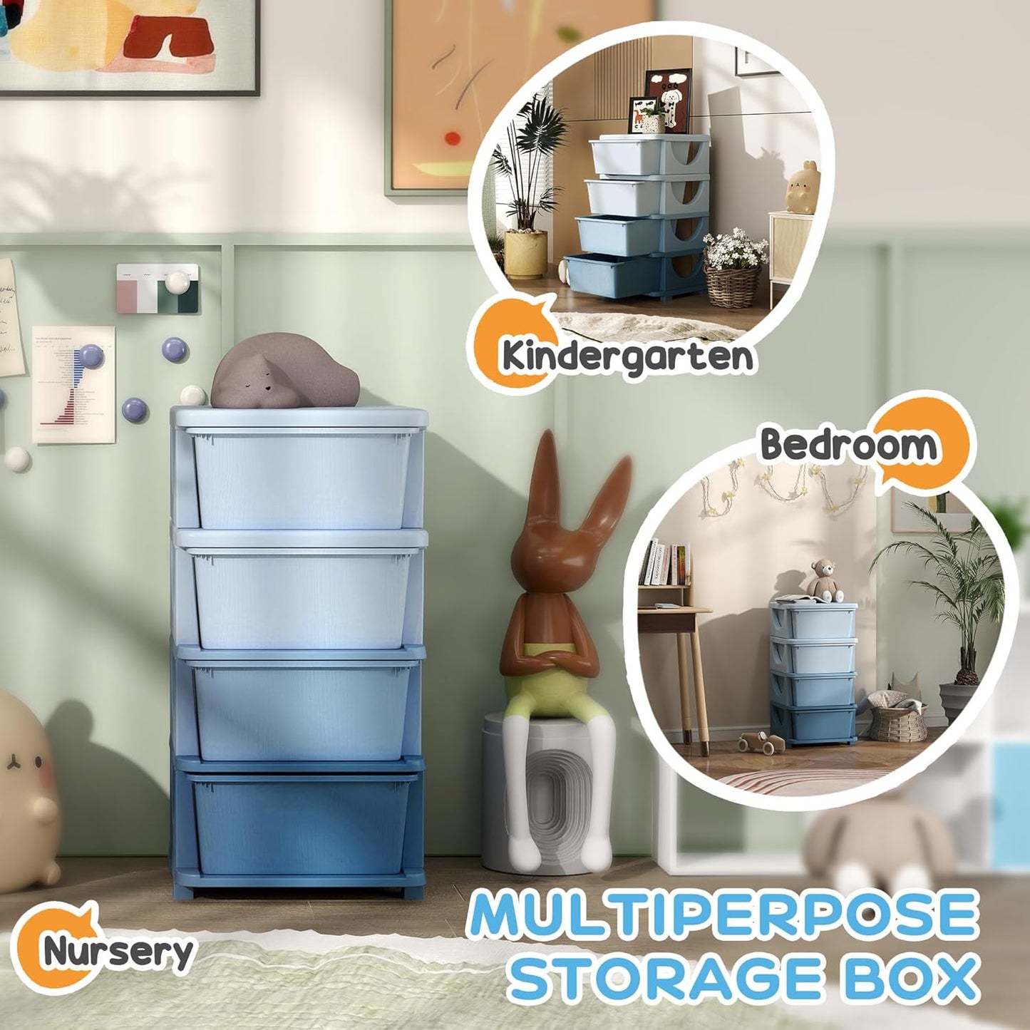 Qaba 4 Tier Kids Storage Unit, 4 Drawer Chest Toy Organizer Plastic Bins for Kids Bedroom Nursery Kindergarten Living Room for Boys Girls Toddlers, Blue