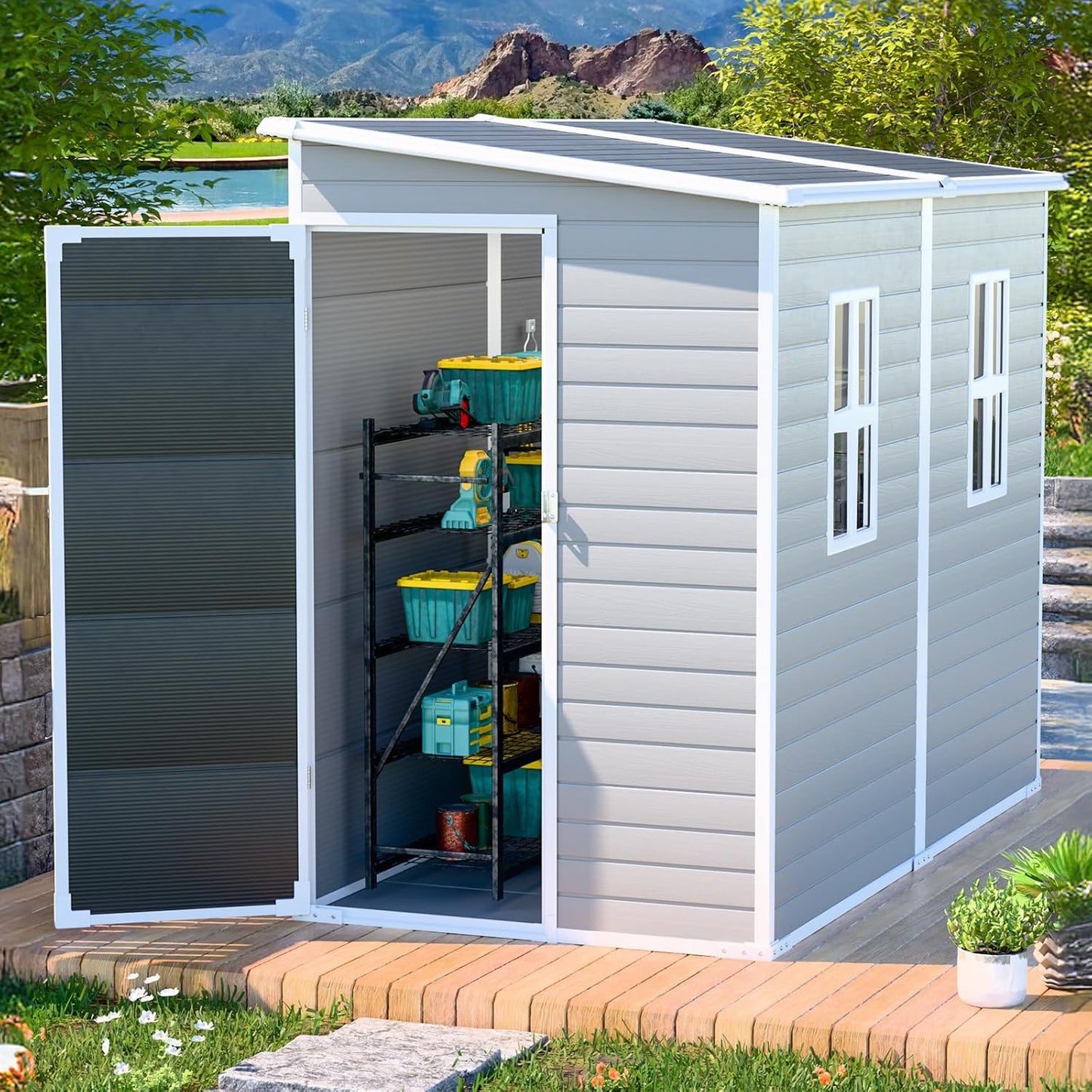 4x8 FT Lean-to Resin Shed with Floor Included, Waterproof Plastic Storage Cabinet, Garden Tool Sheds for Outdoor Wall