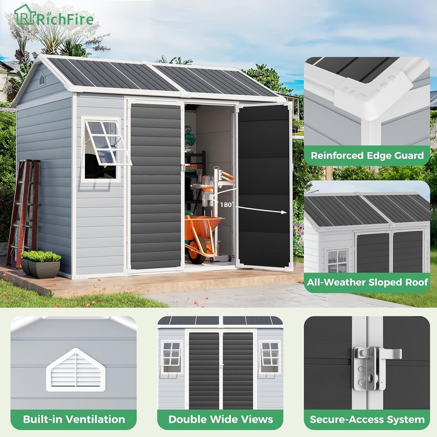 6x8 FT Plastic Storage Sheds Outdoor with Floor and Openable Window, Utility All-Weather Resin Shed Easy to Install, Large Sheds & Outdoor Storage/Tool Shed for Garden & Backyard, Gray
