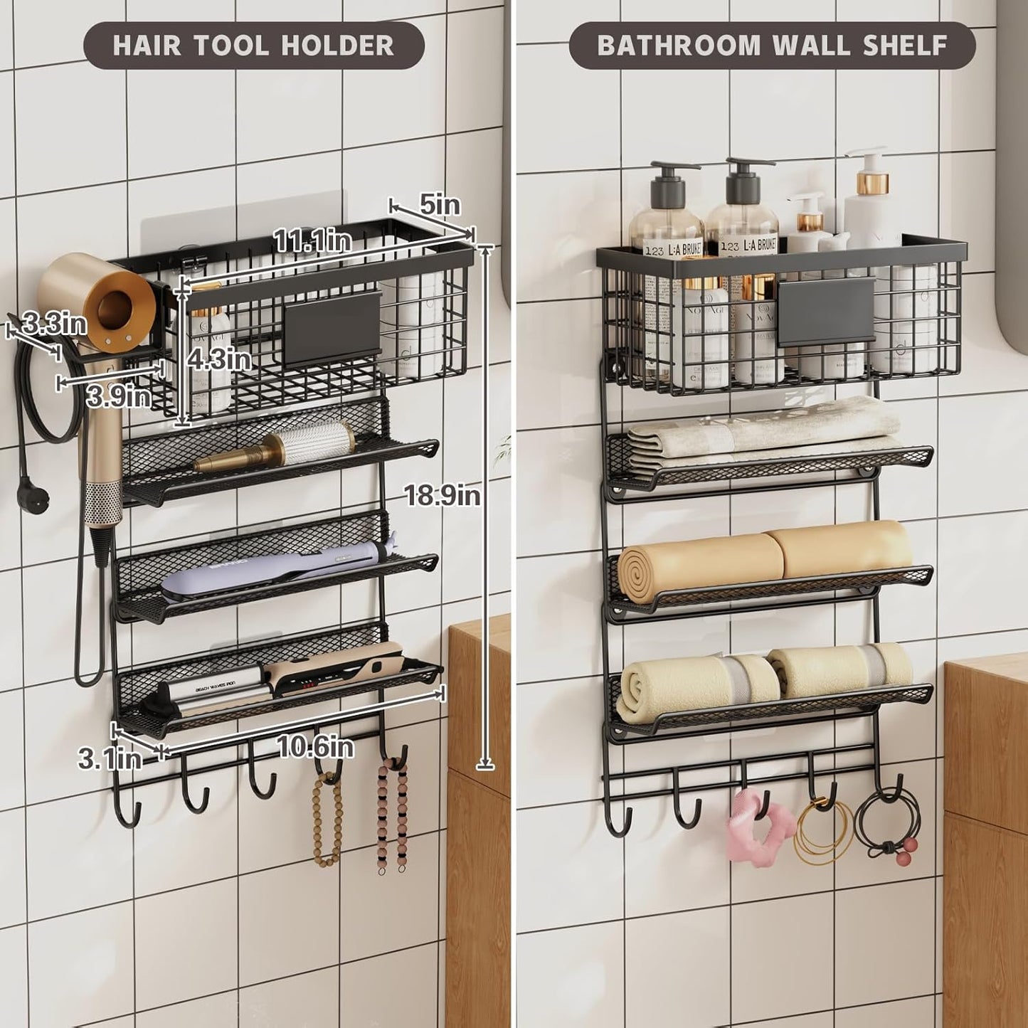 Hair Dryer Holder Wall Mounted, Adheisve Hair Styling Tool Organizer for hair Brush/Appliance Wall Mount with 5 Tier Shelf Basket Hooks Blow Dryer and Straightener Holder for Bathroom(Black)