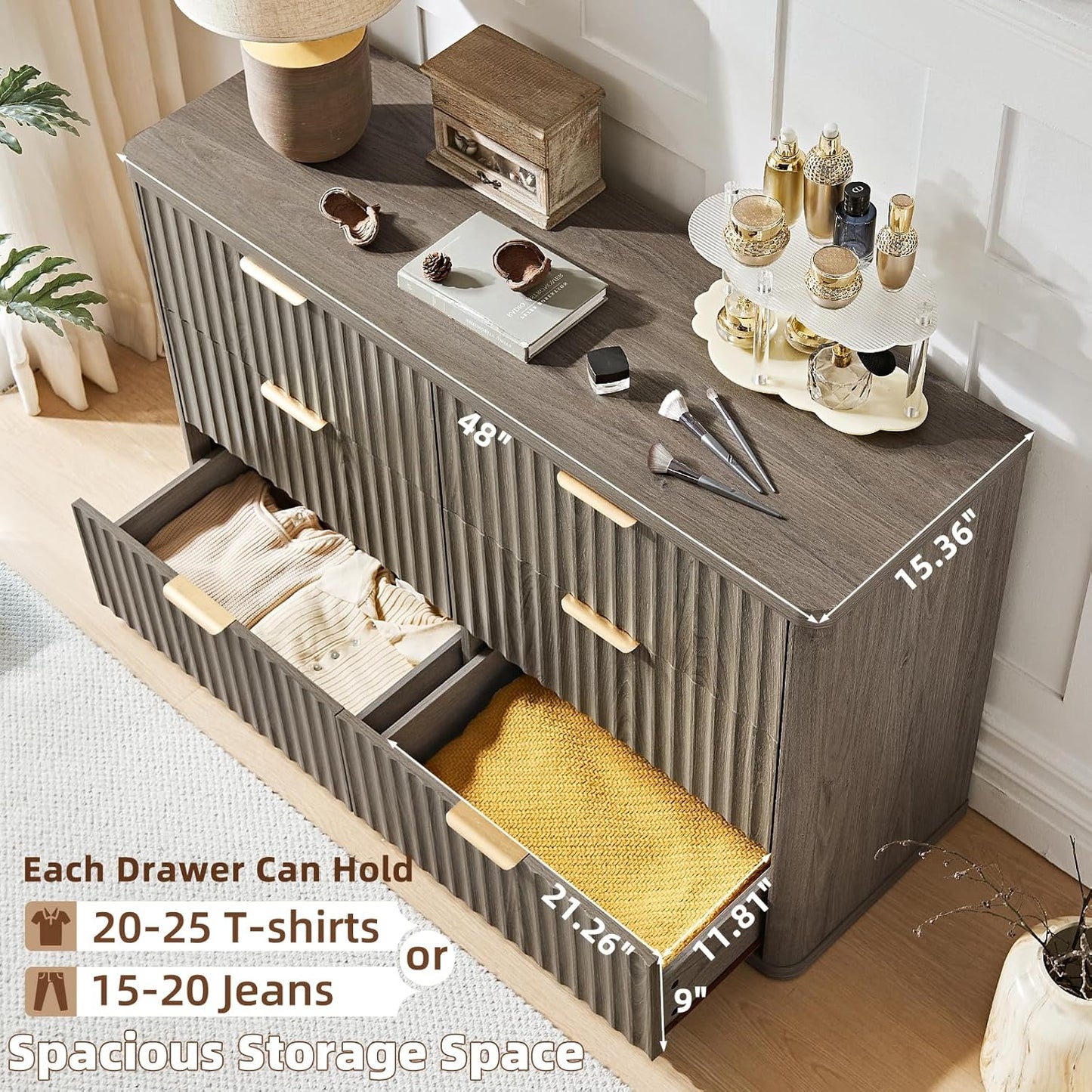 LEYAOYAO Fluted 6 Drawers Dresser, 48" Wide Modern Chest of Drawers with Wood Grain Top, Curved Profile Design, Dresser TV Stand, Wood Drawer Organizer for Bedroom, Living Room, Hallway,Grey