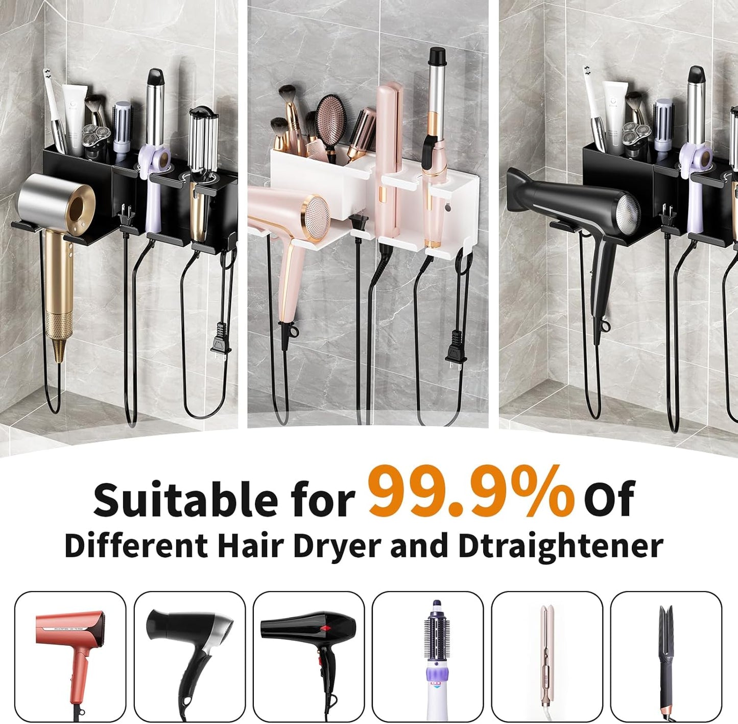 Hair Dryer Holder, Hair Tool Organizer, Blow Dryer Hanger Wall Mount for Dryer Hook, Bathroom Space-Saving Blow Dryer Organizer, Curling Irons Storage Wall Mounted White
