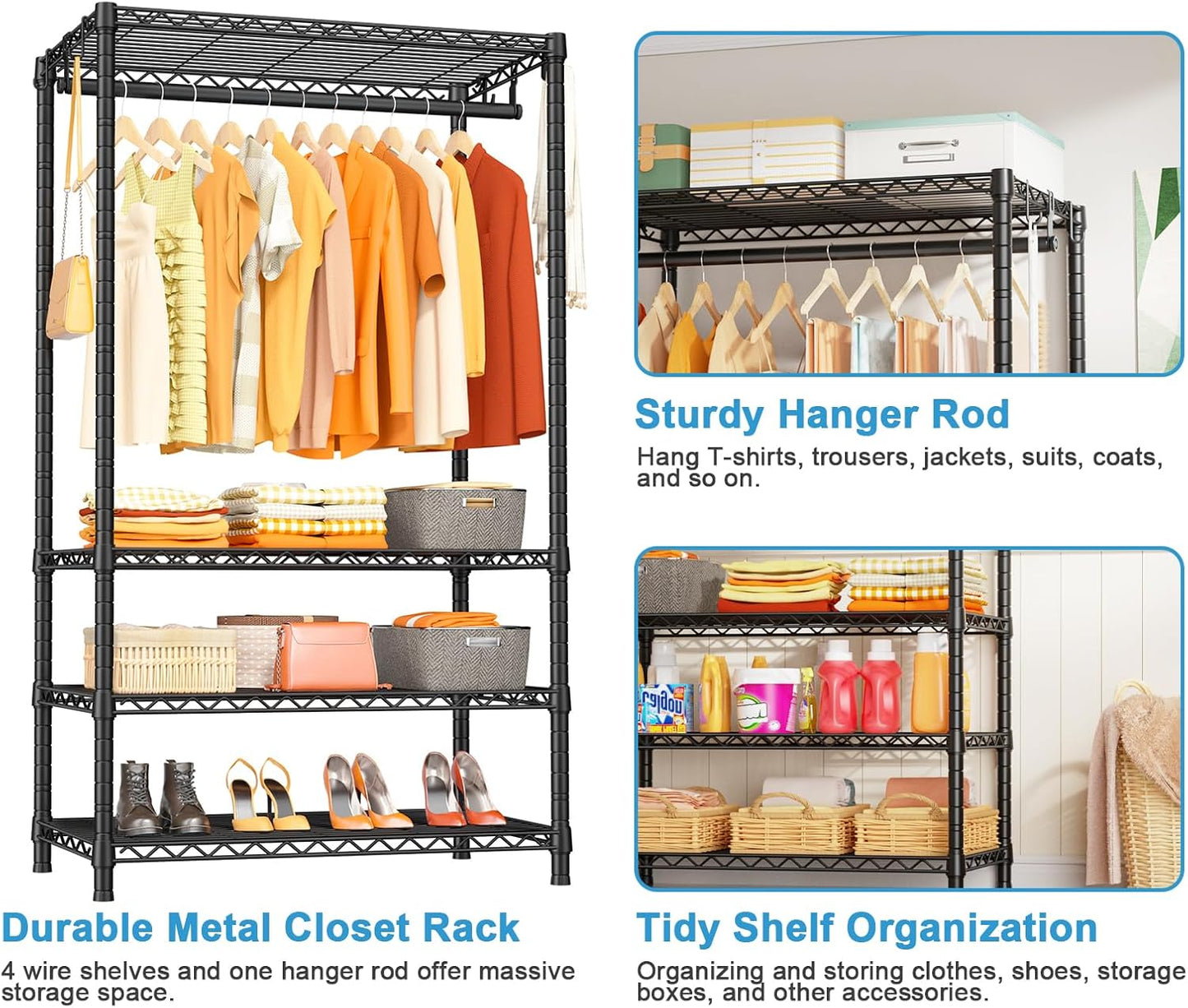 Ulif H4 Portable Closets, 4-Tier Metal Clothes Garment Rack for Bedroom and Cloakroom, Clothing Closet Storage and Organizer Wardrobe, 35.4" W x 14" D x 76.4" H, Black