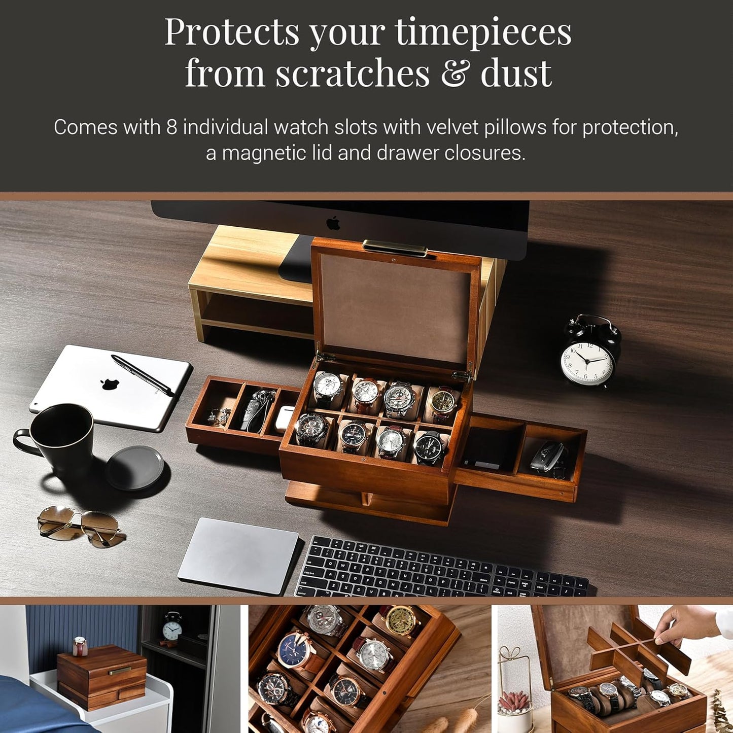 Shanik Luxury Large Watch Box for Men – 8 Slot Organizer with Velvet Pillows, Pull-Out Drawers for Accessories, Jewelry & Oversized Timepieces