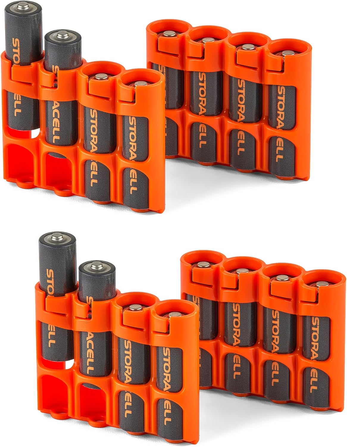Storacell Slimline AA-4 Battery Storage Caddy and Dispenser (Pack of 4), Orange, Holds 4 AA Batteries (Not Included), Durable & Compact Design, The Original Battery Caddy, Made in The USA