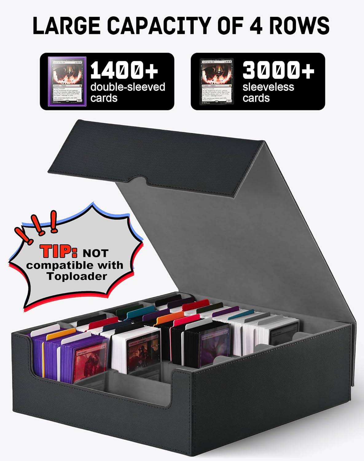 ZLCA Card Storage Box for MTG PTCG, Commander Deck Box Holds 3200+ Cards, Trading Card Storage Case with 4 Stoppers, Card Organizer for TCG Sport Cards(Black)