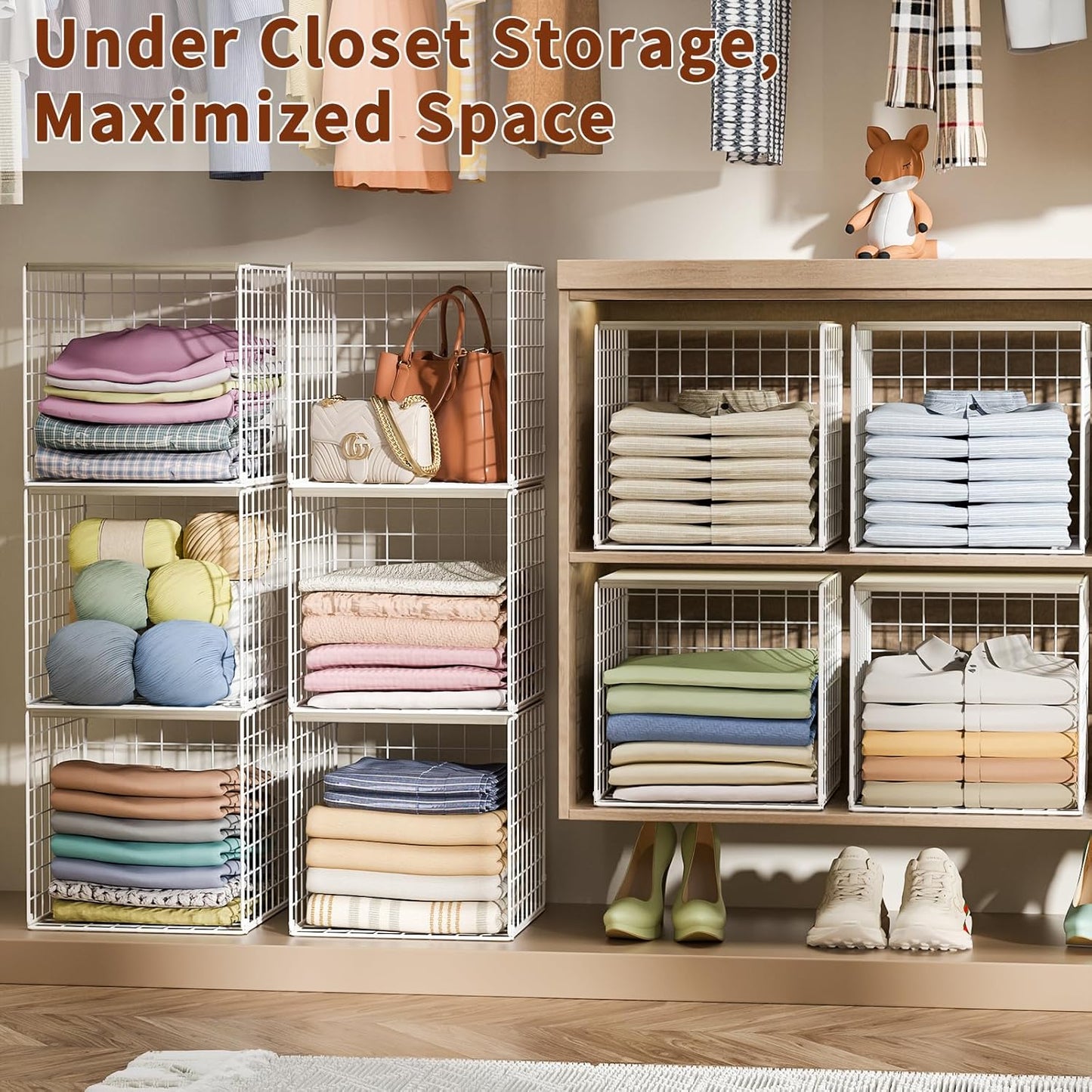 4 Pack Closet Organizers and Storage with Wood Top, Stackable Closet Shelf Organizer, Double Storage Design, Clothes Storage Basket/Cube Organizer for Wardrobe, Sturdy, White (Patent Pending) 