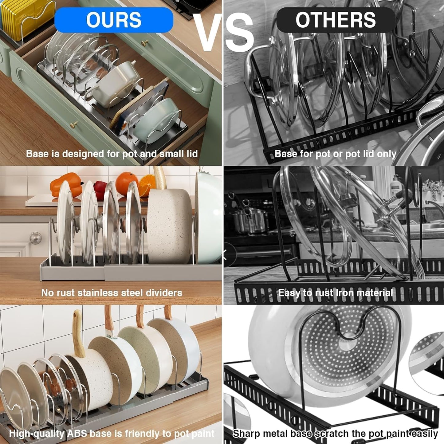 Pots and Pans Organizer Under Cabinet, 22" Expandable Food Storage Container Lid Organizers with 9 Adjustable Dividers Pot and Pan Lid Holders Rack Inside Cabinet/Countertop(1 Pack, Gray)