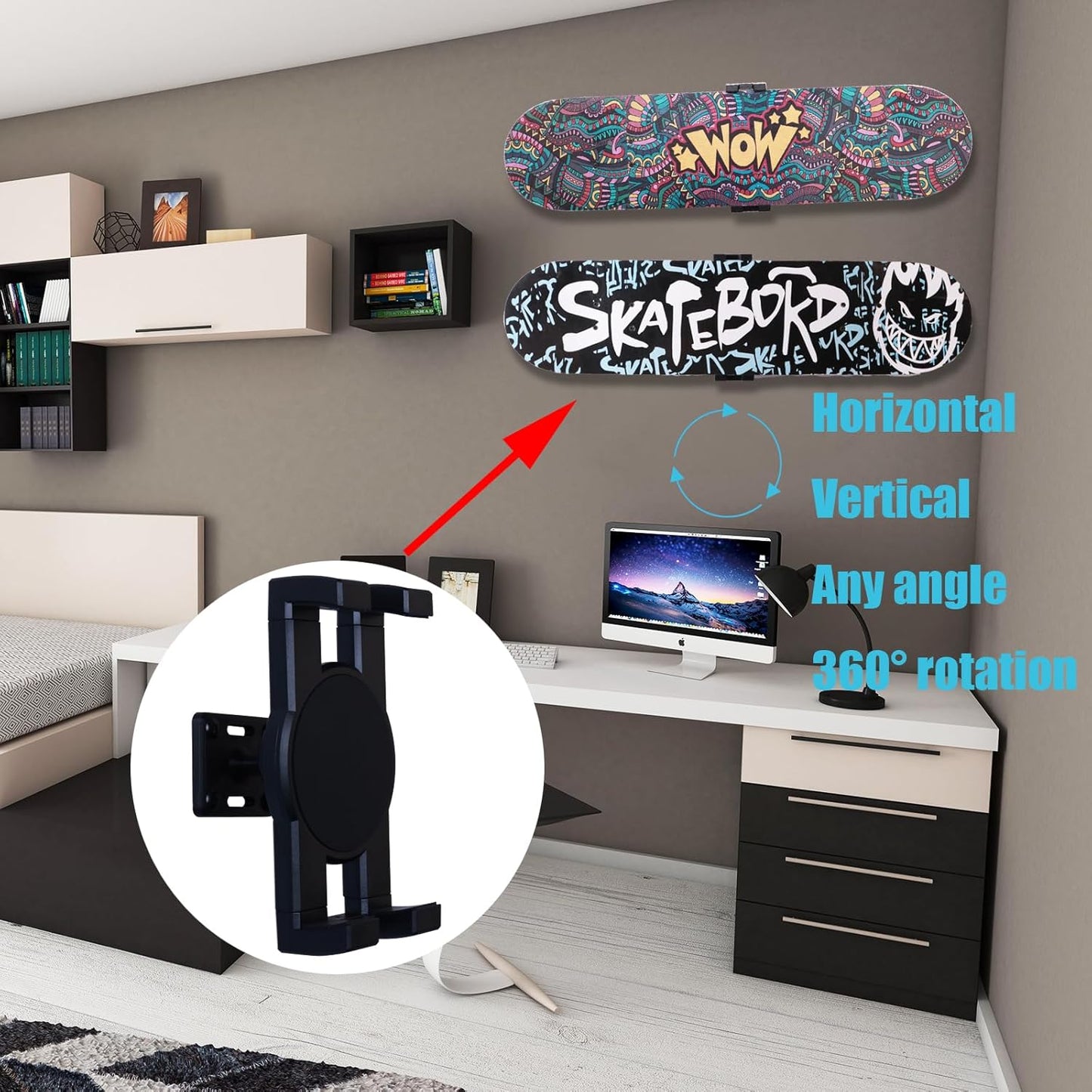 Skate deck wall mount,360° rotatable skateboard wall mount,Floating Display Hanger Grab,suitable for any skateboarder. (1 set)