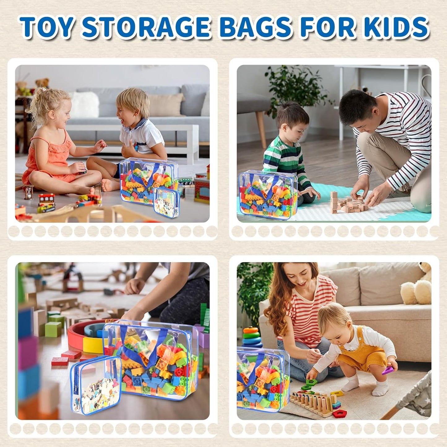 18 Packs Large Toy Storage Bags with Labels, Clear PVC Bags Travel Waterproof Kids Toy Organizer Bags with Zipper for Building Blocks Puzzle Kids Books (Blue-3 Size)