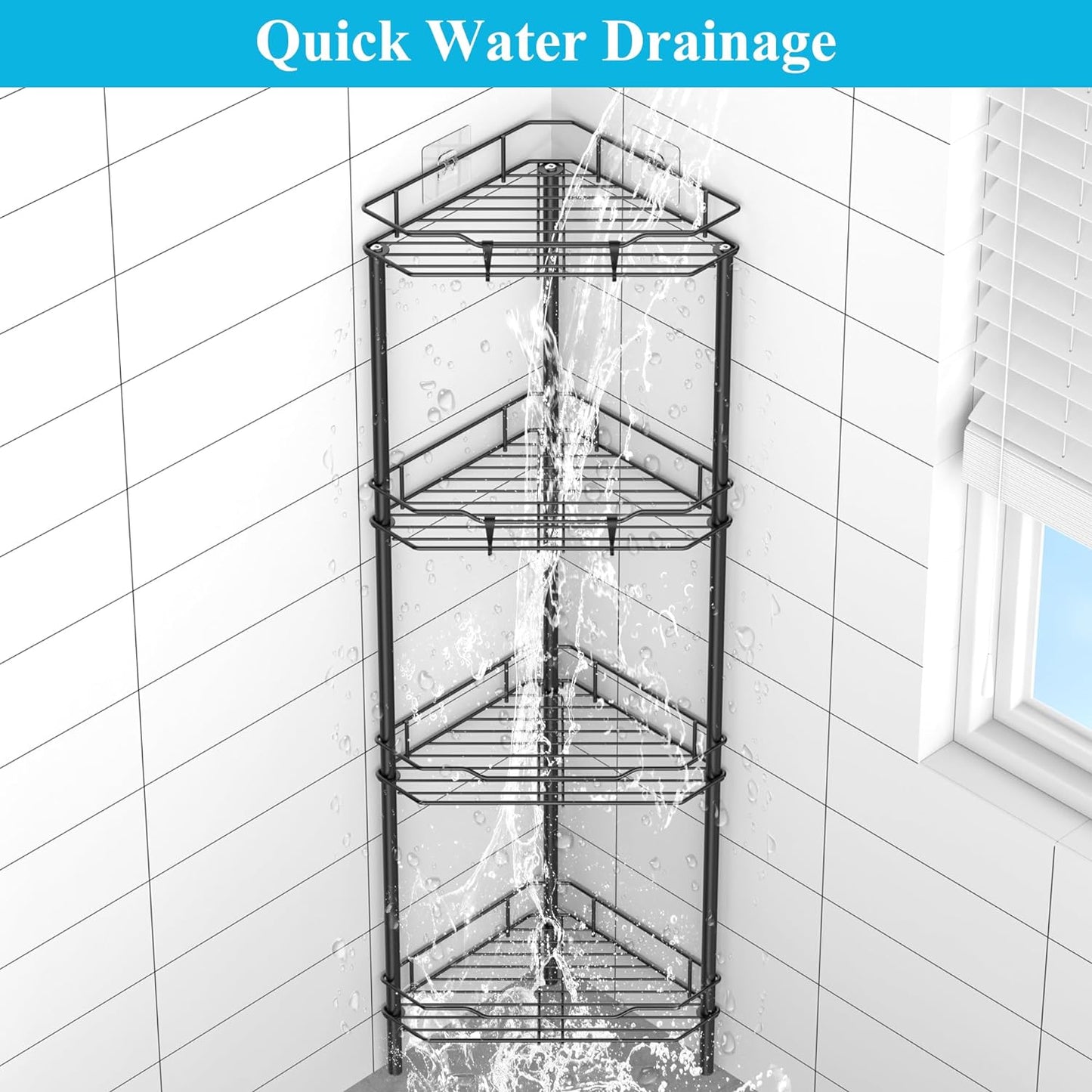 4 Tier Floor Standing Corner Shower Caddy Organizer Shelf with Hooks, Bathroom Shelves Stand Rack, Black