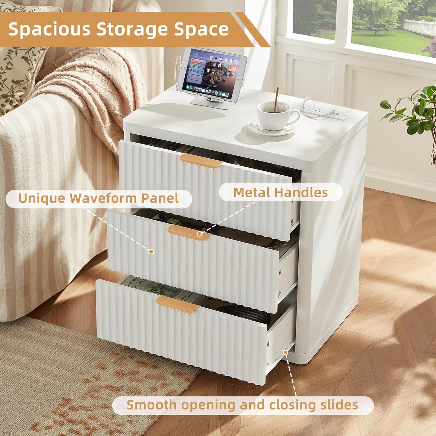 LEYAOYAO 23" Wide Fluted Night Stand with Charging Station,3 Drawers Large End Table with Storage,White Nightstand Wood Bedside Tables, Farmhouse Cabinet Dresser for Bedroom,Closet