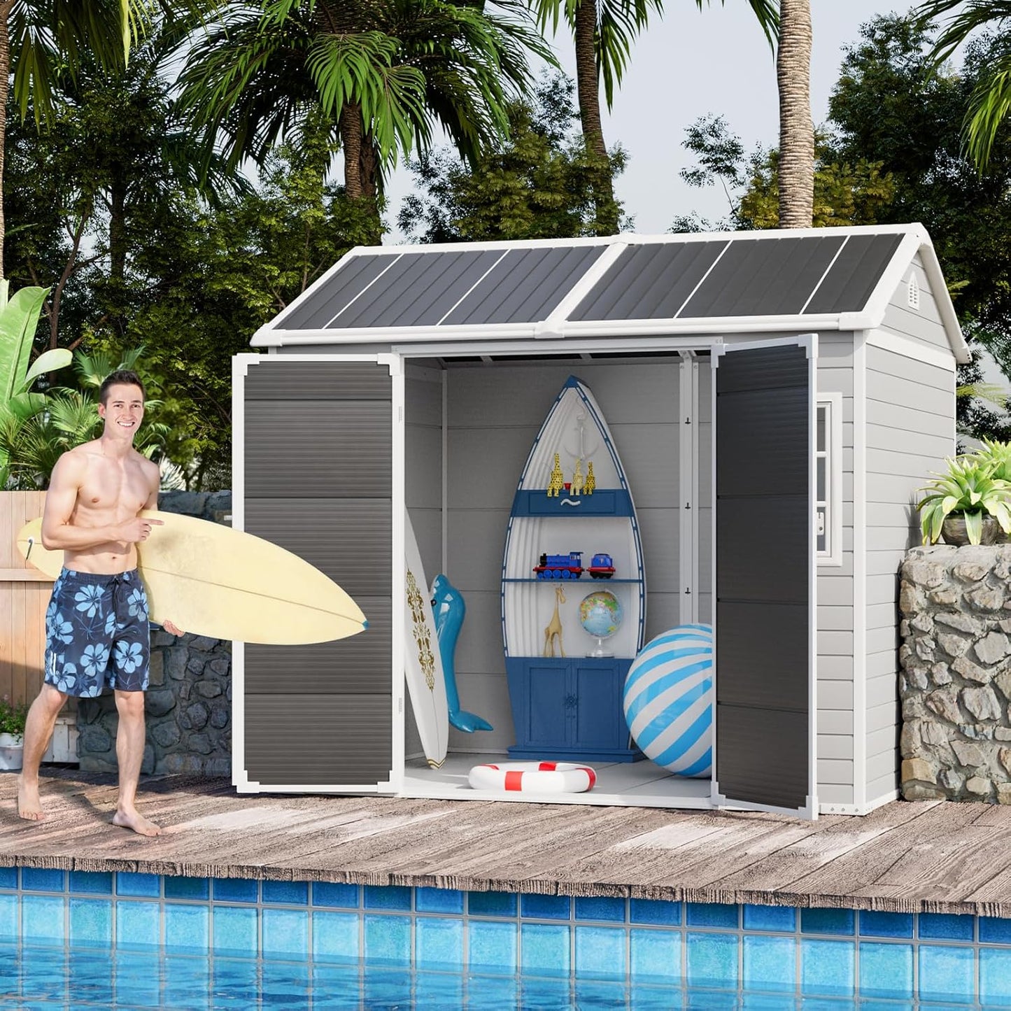 CDCASA 8x6 FT Resin Storage Sheds with Floor, Waterproof Large Outdoor Sheds and Adjustable Openable Windows,Outside Plastic Tool Shed for Backyard Garden Patio Lawn