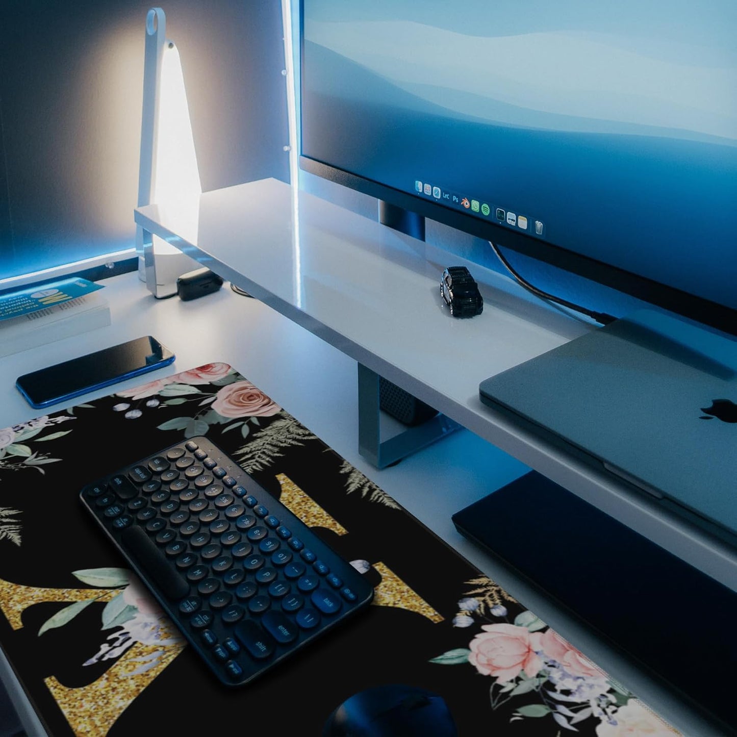 Large Gaming Mouse Pad for Desk, Flower Golden Letters X Desk Mat, 35.4"x15.7" Big Mouse Pad with Non-Slip Base and Stitched Edge, Long Computer Keyboard Mouse Mat for Home Office Work