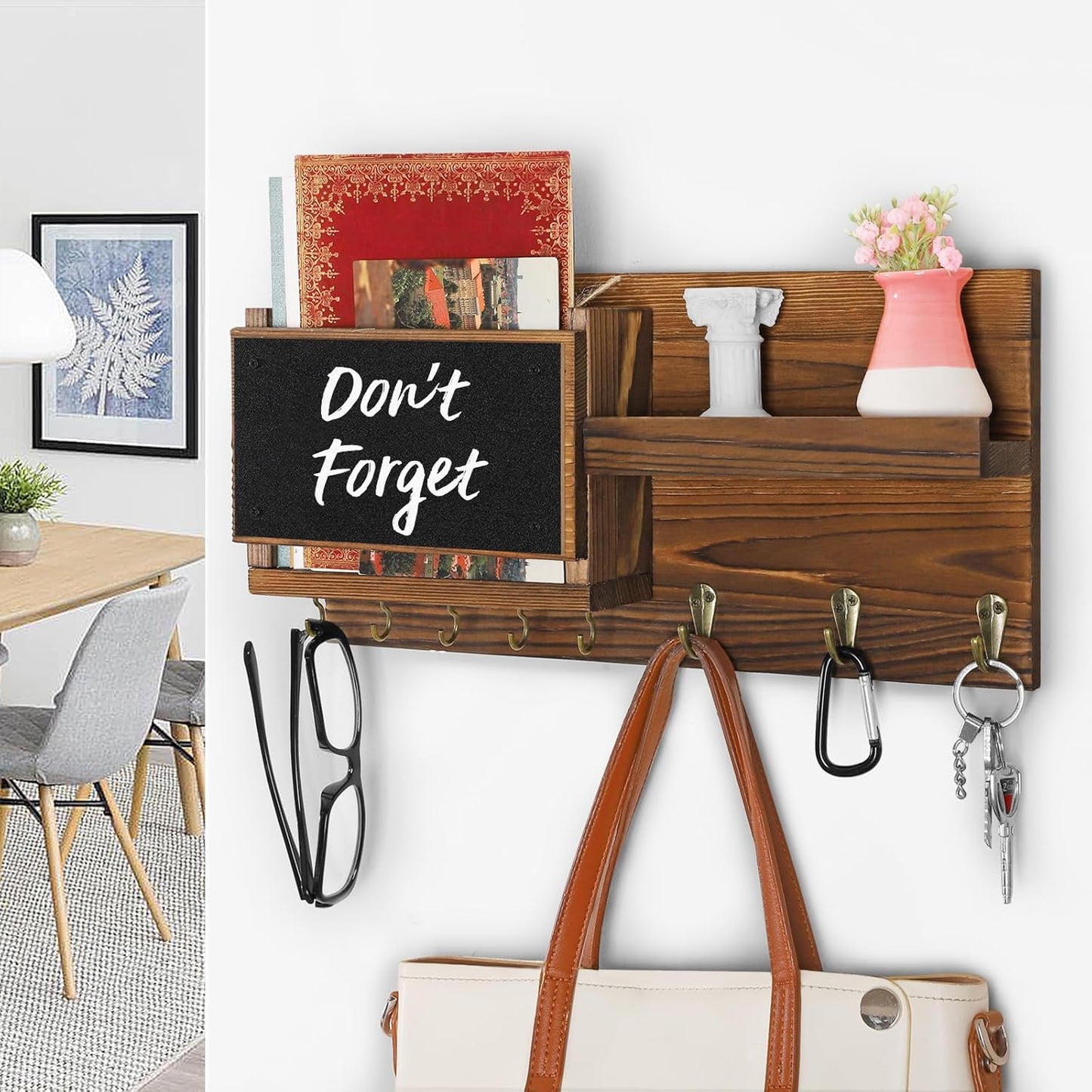 Decorative Key Hanging Rack with 8 Hooks – Easy Install Natural Wooden Key and Mail Holder for Wall Mount – Sunglasses Wallet Holder Entryway Decor with Shelf and Chalkboard (Brown)