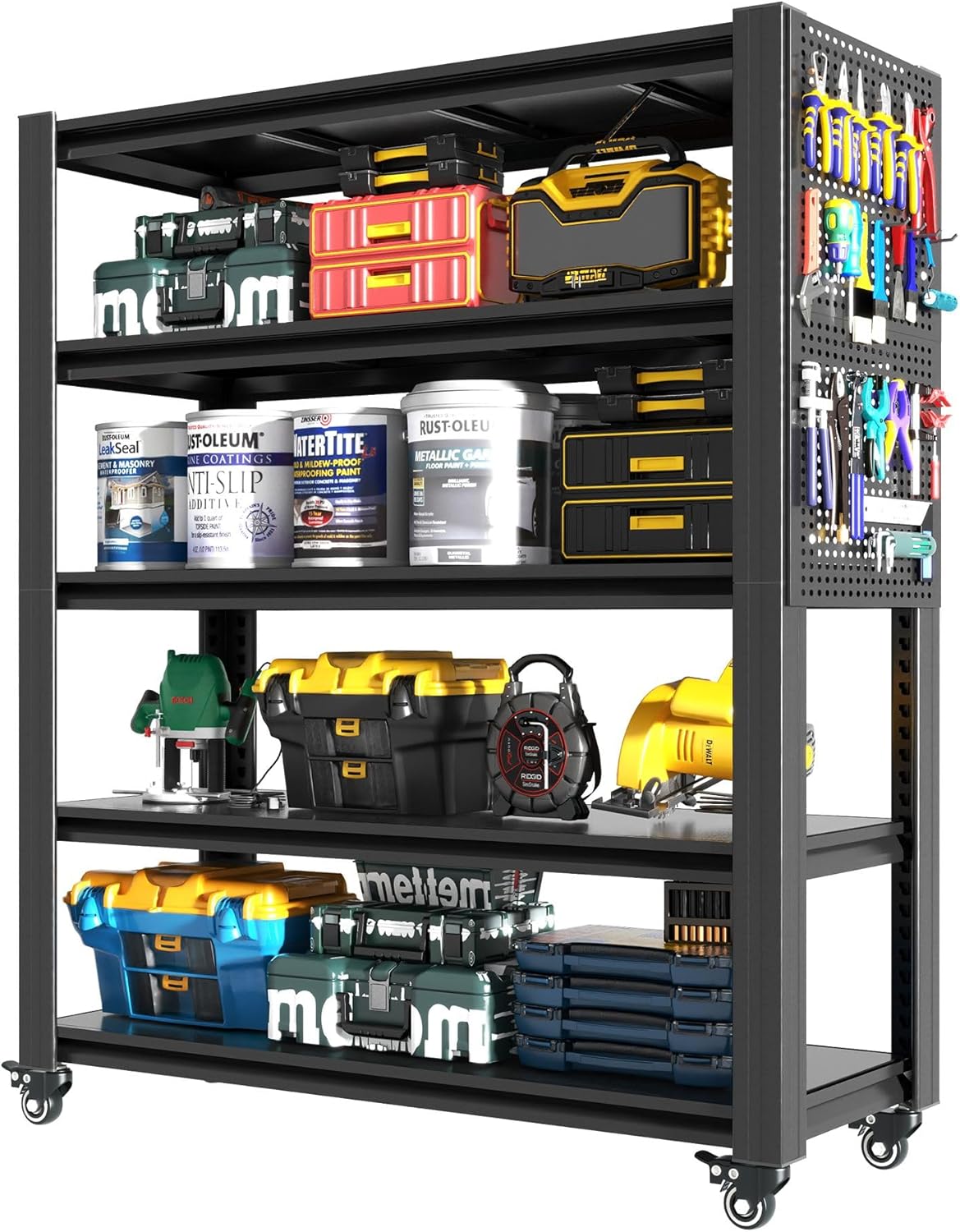 72" H 5 Tier Adjustable Shelving Unit with Pegboard & Wheels - Heavy Duty Metal Storage Rack for Garage, Warehouse, Office - 2000LB Capacity, Tool-Free Assembly (23.6" D x 47.2" W)