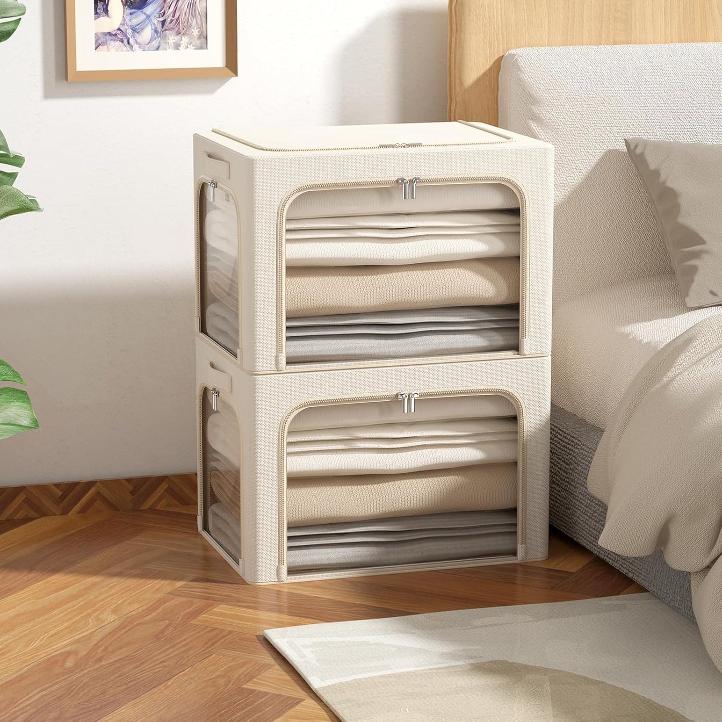 CYhom 3Pack Clothes Storage Bins - Oxford Frame Storage Box Foldable Stackable Storage Organizer with 3 Openings Design, Metal Frame, Clear Window, Carry Handles (66L-19.7 * 15.7 * 13, Beige)