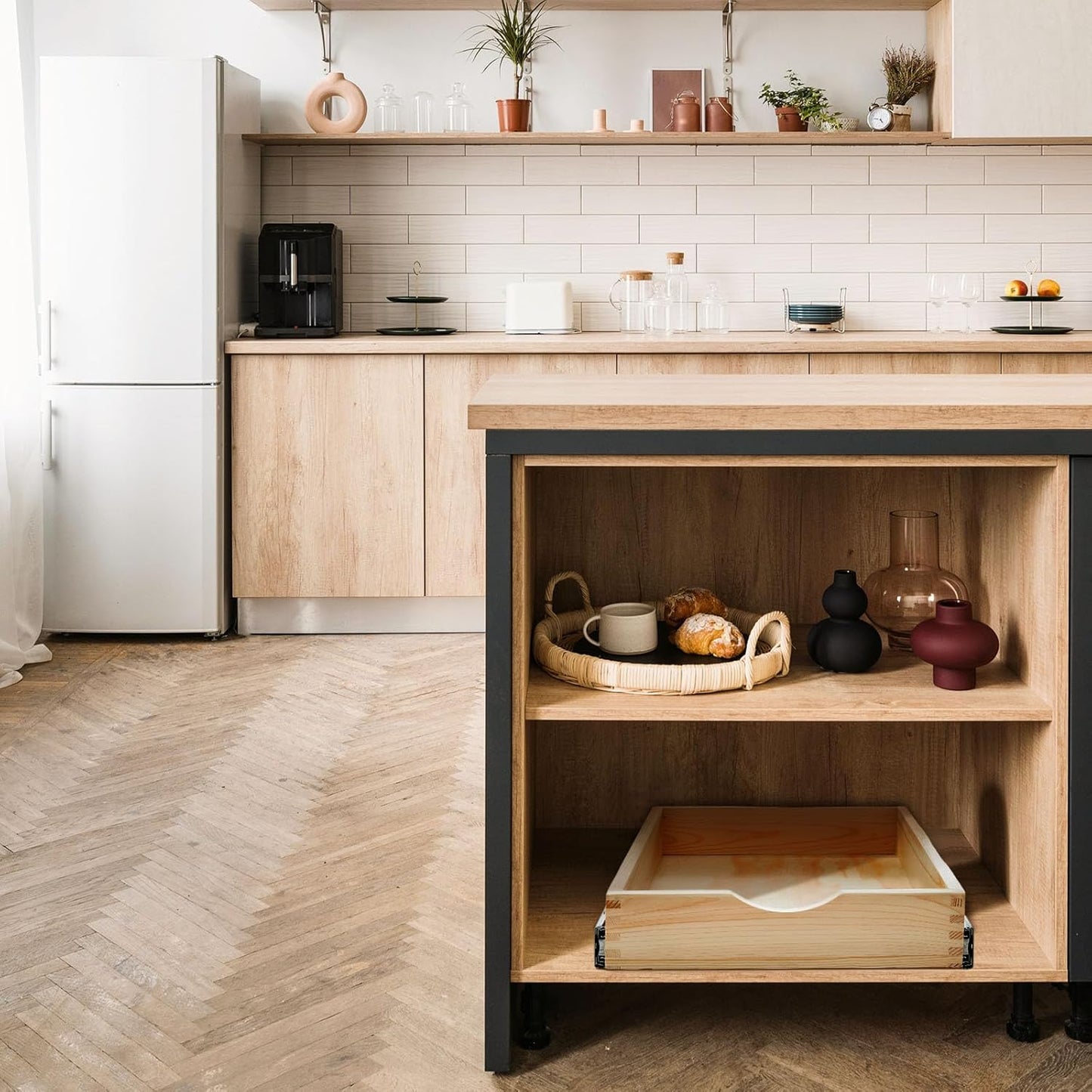 Menkxi 2 Set Pull out Tray Cabinet Organizer Wooden Pull Drawers storage Slide out Pantry Shelf for Base Cabinet Kitchen Gentle Close Fully Assembled Accessories(Wood Color,15'' X 21'' X 3'')