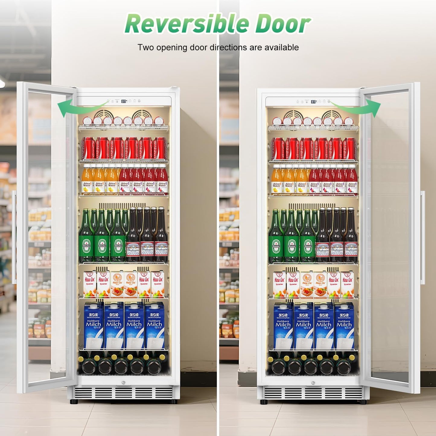Commercial Merchandiser Refrigerator, 13.8 Cu Ft Display Beverage Fridge with Glass Door Upright Cooler with LED Light Low Noise, Fast Cooling for Shop, Restaurant, Office (White)