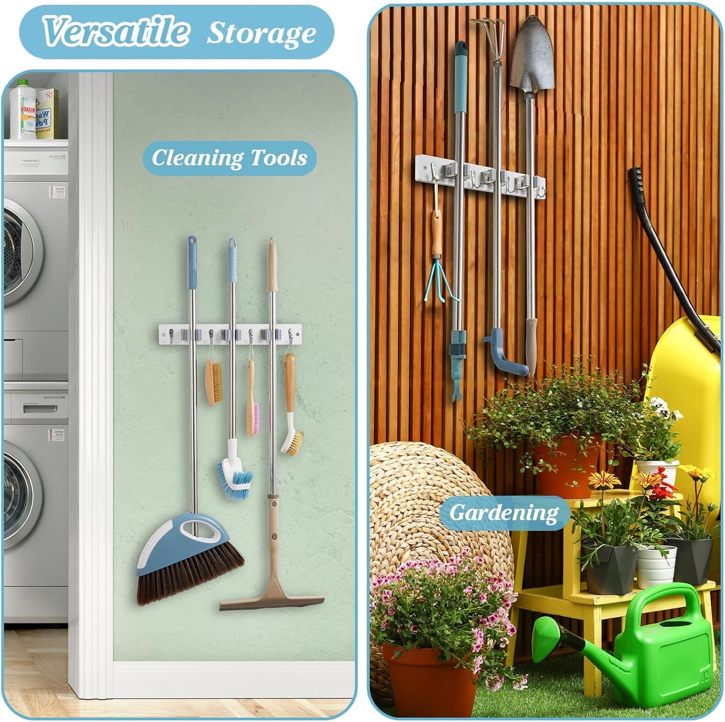White Broom Holder Wall Mount - Heavy Duty Wood Mop and Broom Organizer with 3 Slots & 4 Hooks - Garden Tool Hanger for Laundry Room Closet Kitchen Garage Storage and Organization - Modern Home Decor