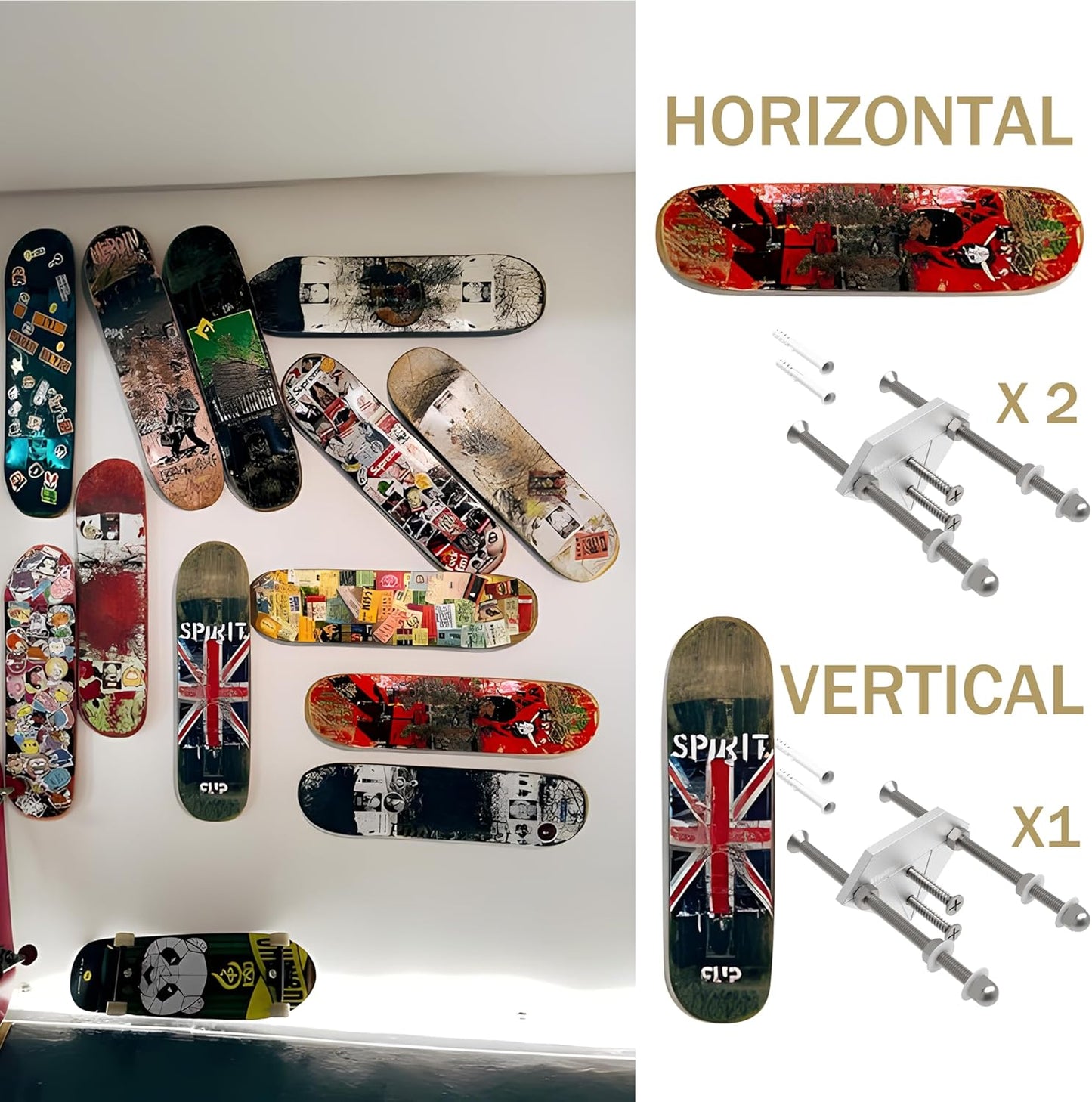 Skateboard Wall Mount Display(6 Packs)-Aluminum Diamond Shape Skateboard Deck Wall Mount with Two Screw Holes for Horizontal and Vertical Hanging Skateboard Display Decor-(Sliver)