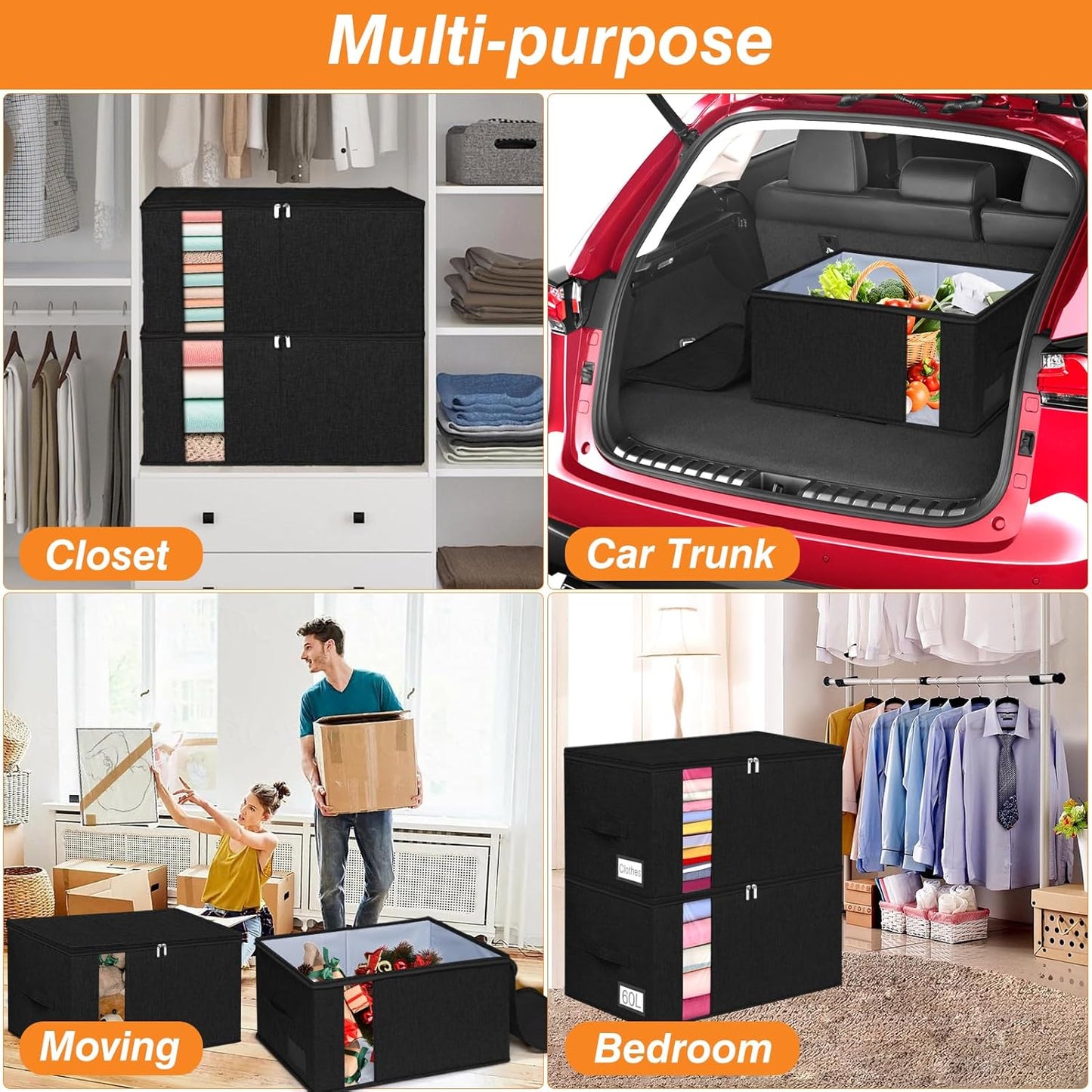 60L Comforter Storage Bag, Sturdy Construction Blanket Storage Bin with Durable Handles, Storage Bags for Clothes with Dual Zipper for Sheet Quilt Sweater Bedding Pillow, Black