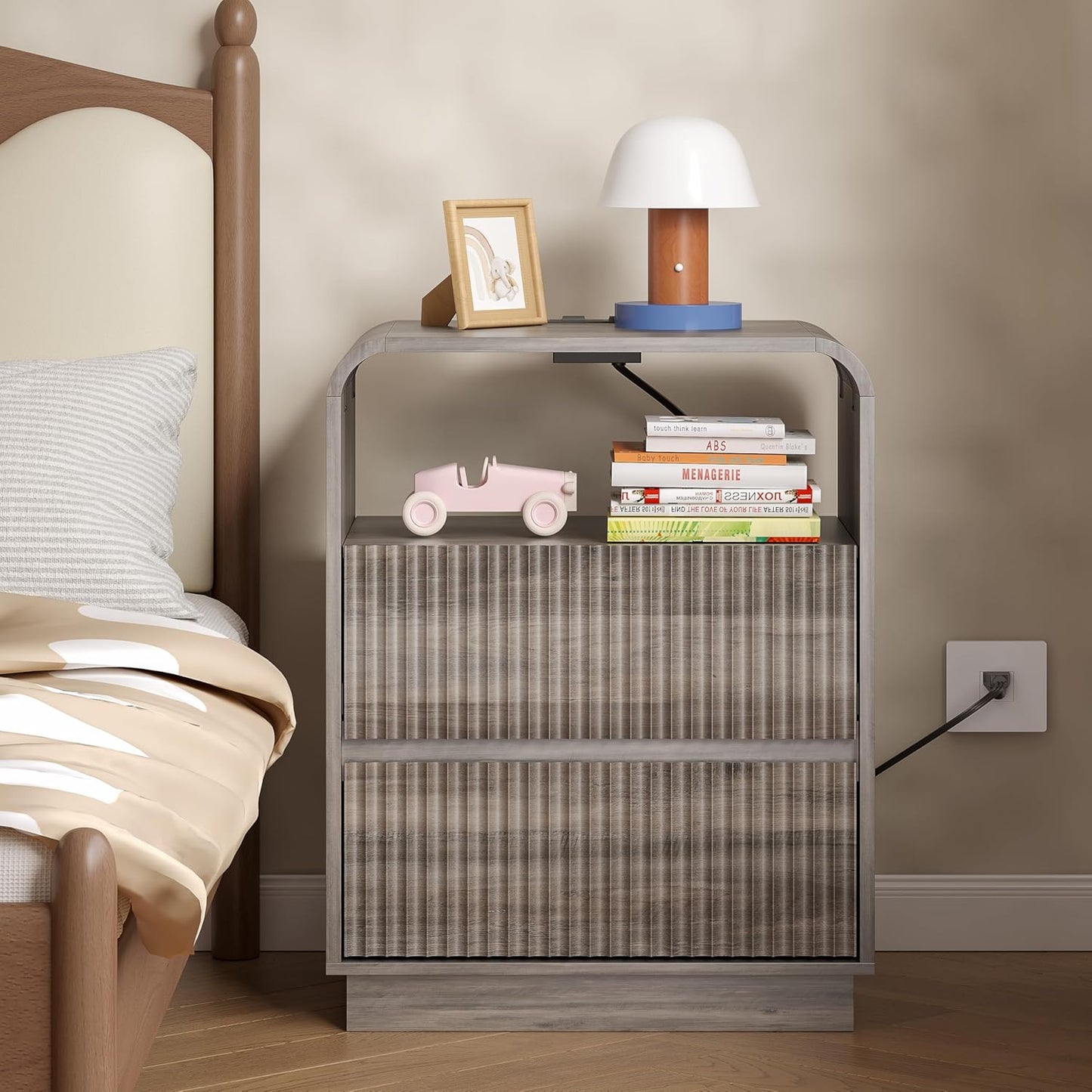 Dresser with 2 Drawers and Charging Station, Fluted Bedside Table with Round Curved Corner, Hidden Handles, 2 AC Outlets and 2 USB Ports, Modern Wood End Table with Open Shelf for Bedroom