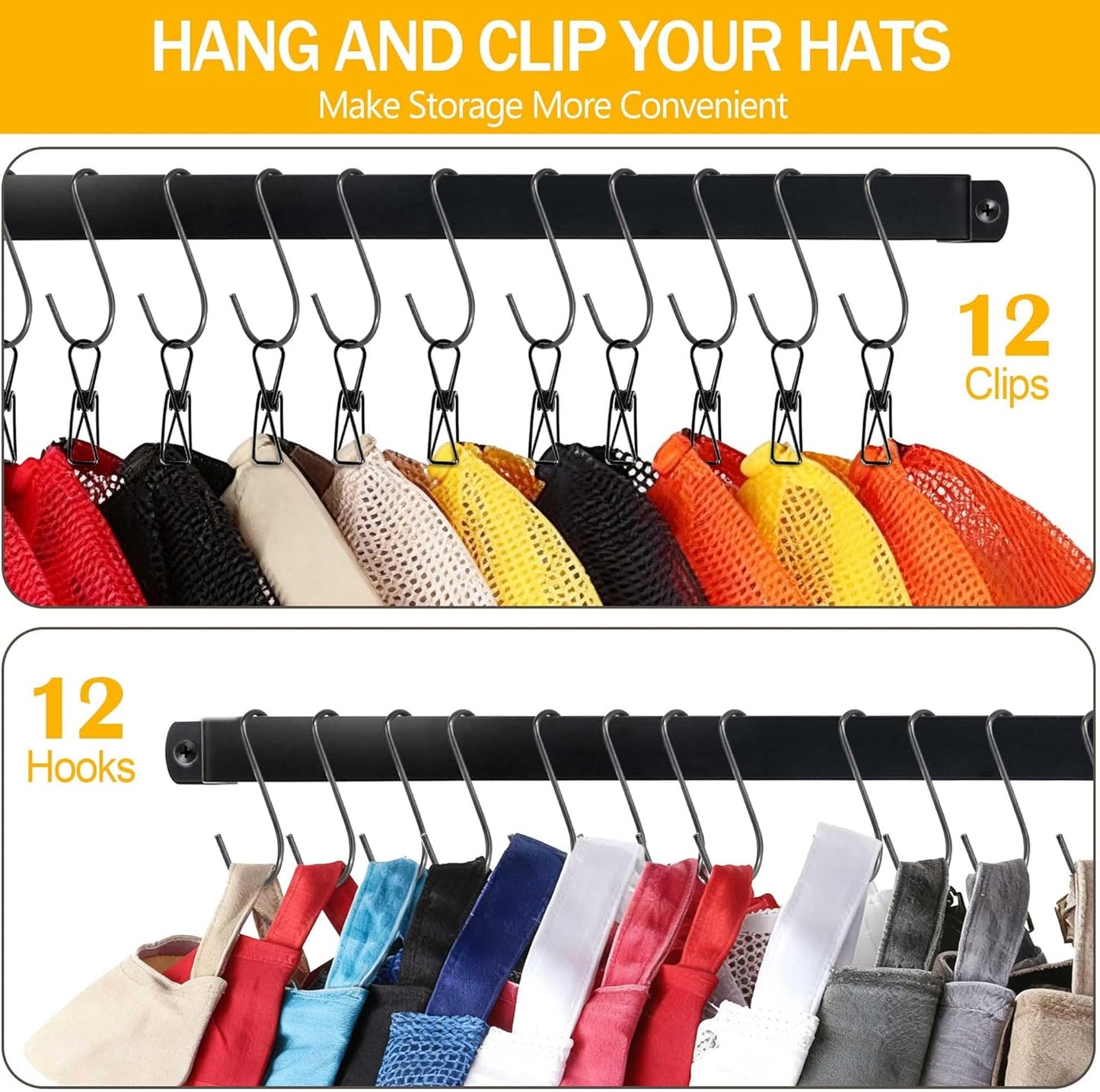 Hat Rack Closet Storage Wall: 12 Adjustable Stainless Steel Clips and 17 Inch Hat Holder - Hat Hanger Display Space Saving - Tie Belt Hanger for Closet Storage Solution - 2 Pack