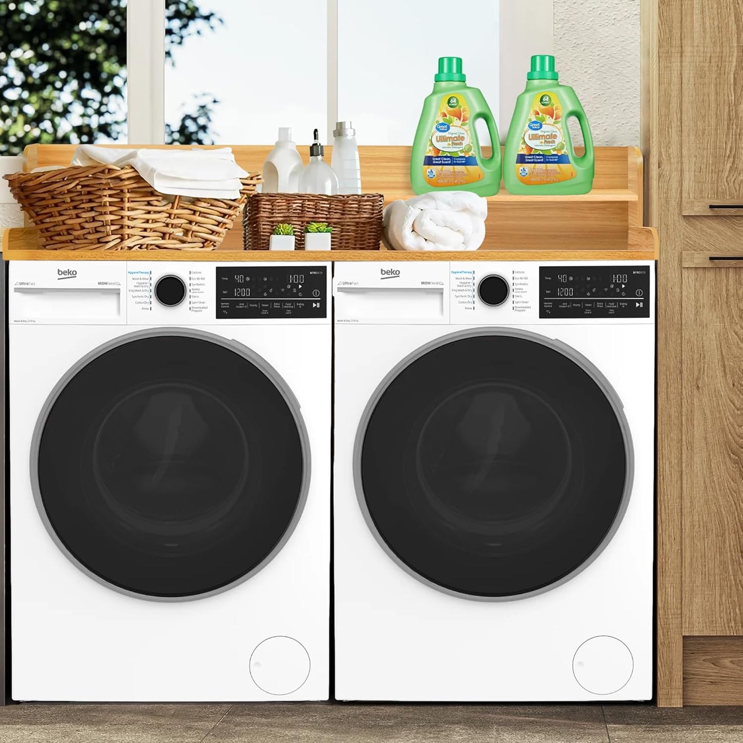 Royxen Laundry Countertop with 2-Tier Shelf Universal Fit, Washer and Dryer Countertop with Storage Space, Shelf Height 11.5 Inches, Solid Wood Core, Oak