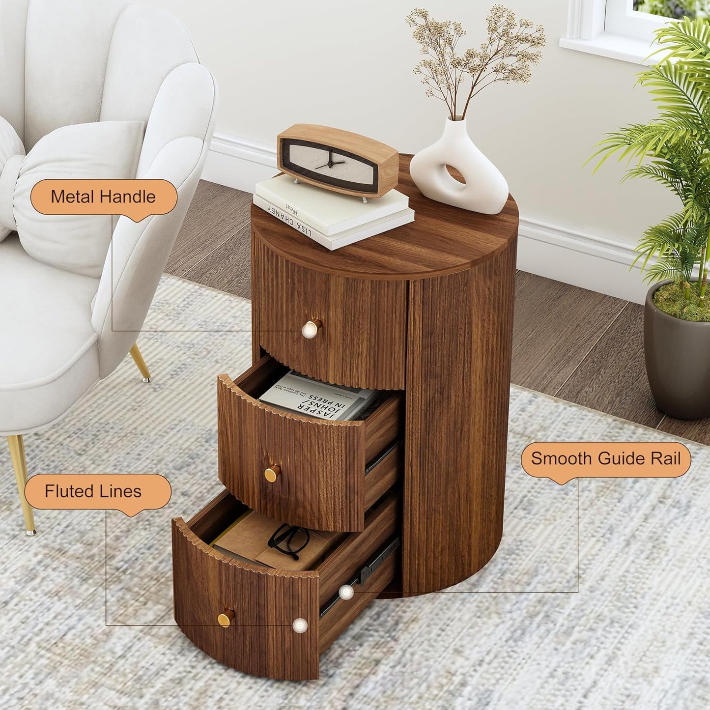 Fully Assembled Round End Table with 3 Storage Drawers, 15.75”Mid Century Side Table for Living Room, 3 Drawers Nightstand for Bedroom, Circle Sofa Bedside Table (Walnut-2 pcs)