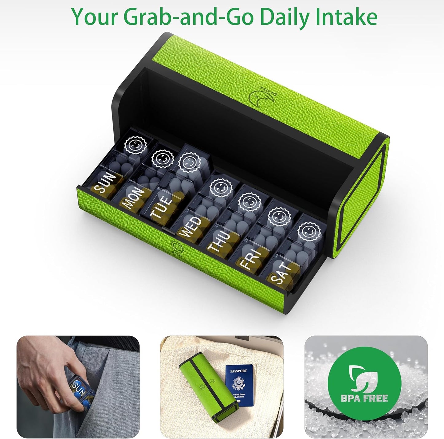 Weekly Pill Organizer 2 Times a Day, 7-Day Large Travel Pill Box 7 Day, Am Pm Twice Daily Pill Case with Removable Compartments, Weekly Vitamin Container for Medicine Supplement (Green)